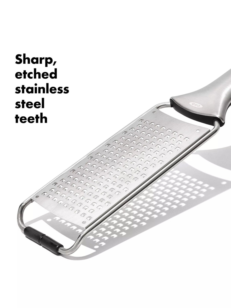 OXO etched stainless steel fine grater non-slip handle, UK version