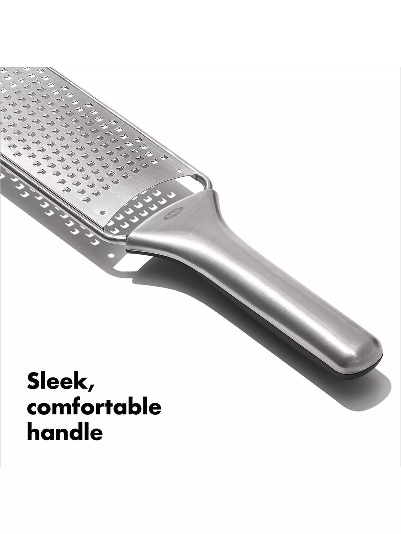 OXO etched stainless steel fine grater non-slip handle, UK version