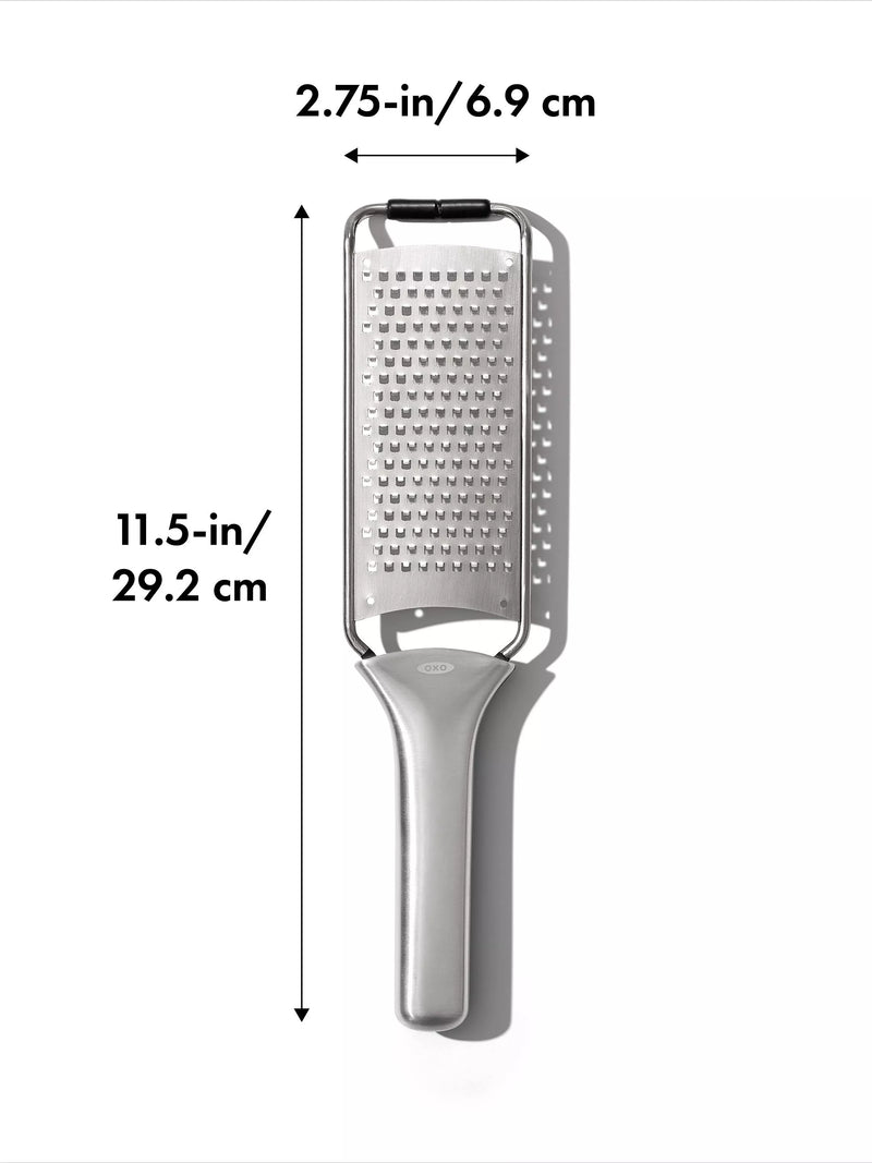 OXO etched stainless steel fine grater non-slip handle, UK version