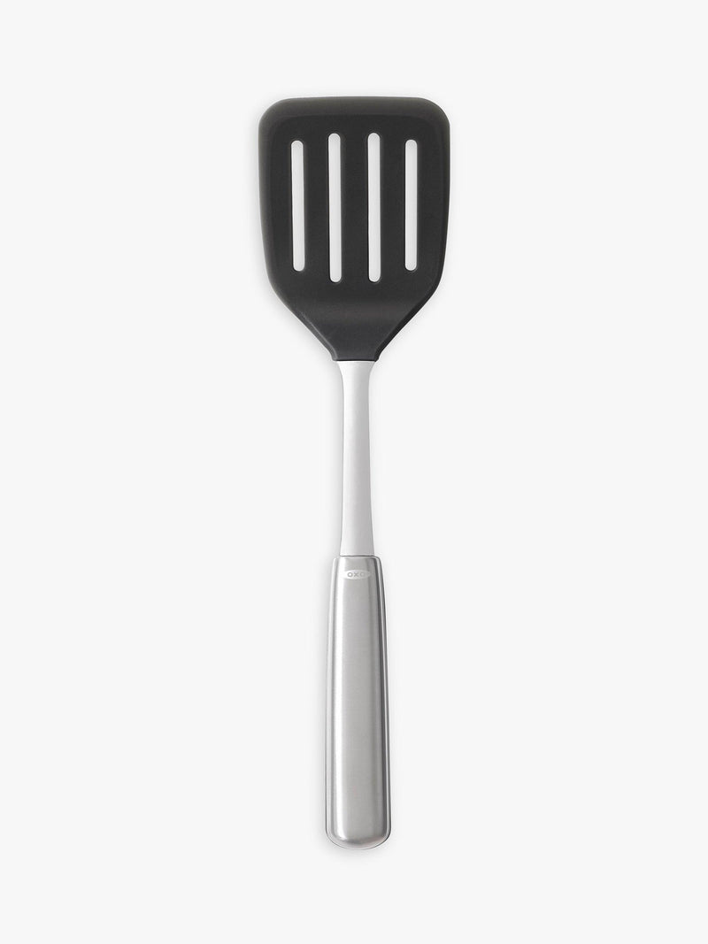 OXO stainless steel slotted turner with flexible silicone head, imported from the UK