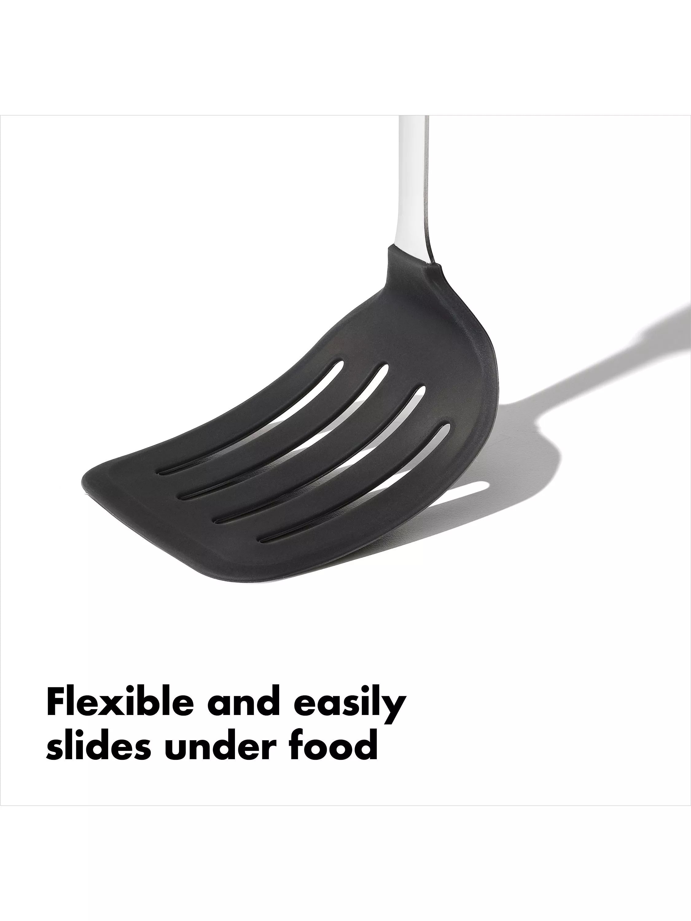 OXO stainless steel slotted turner with flexible silicone head, imported from the UK