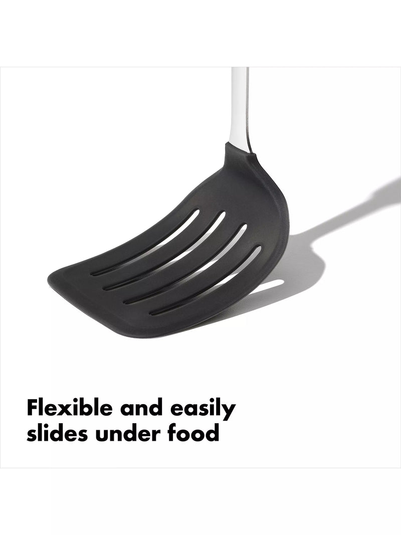 OXO stainless steel slotted turner with flexible silicone head, imported from the UK