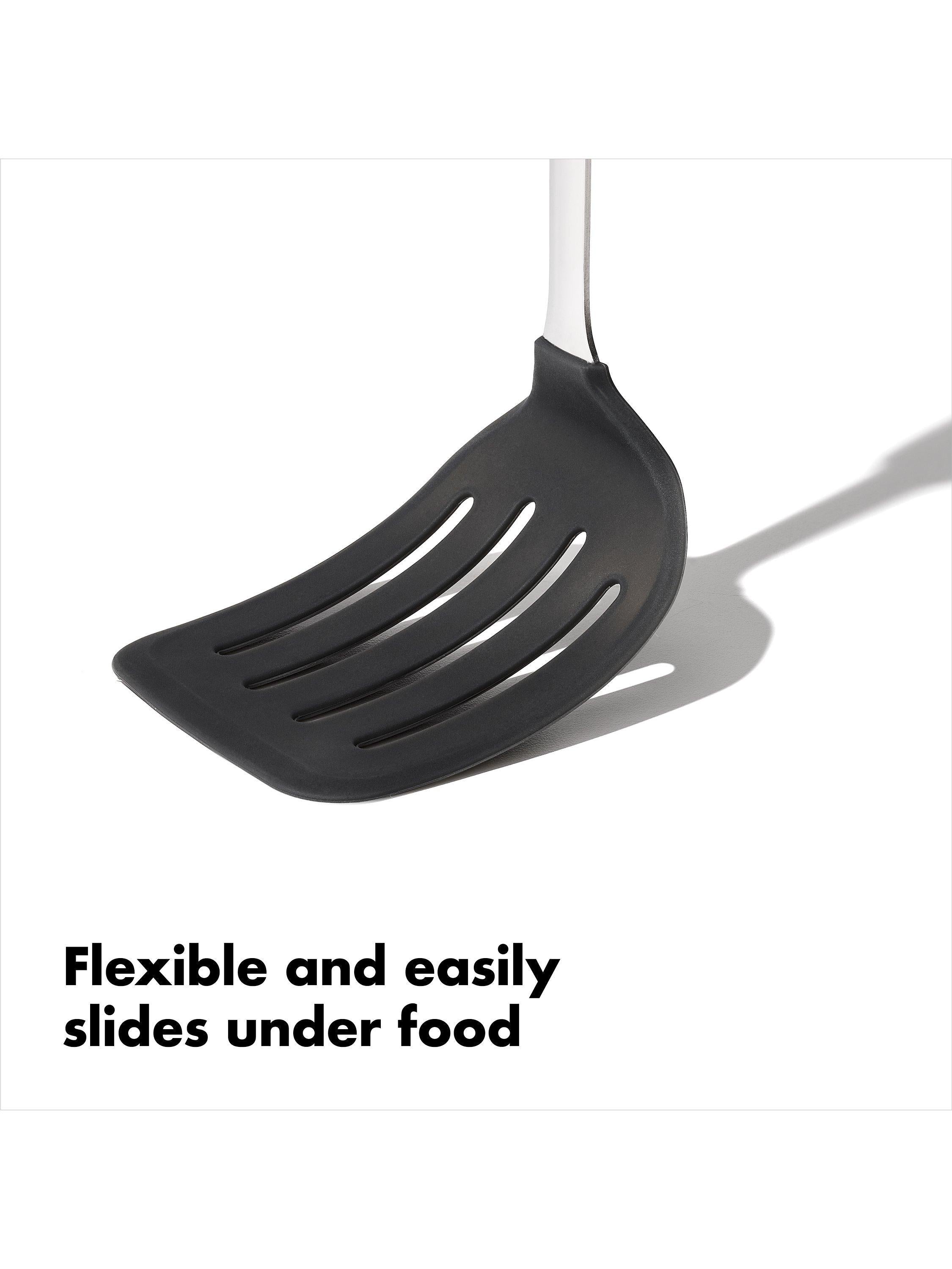 OXO stainless steel slotted turner with flexible silicone head, imported from the UK