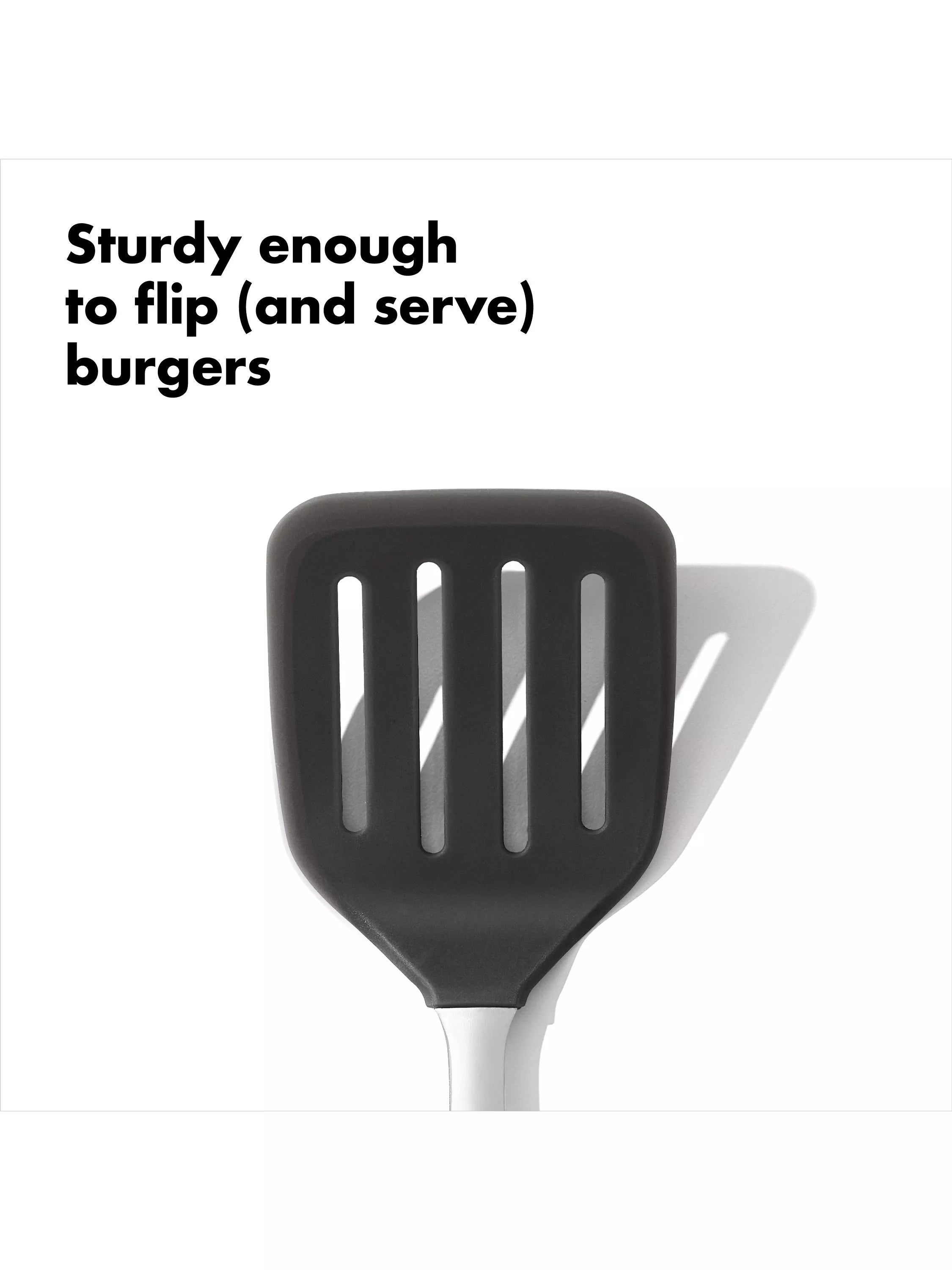 OXO stainless steel slotted turner with flexible silicone head, imported from the UK