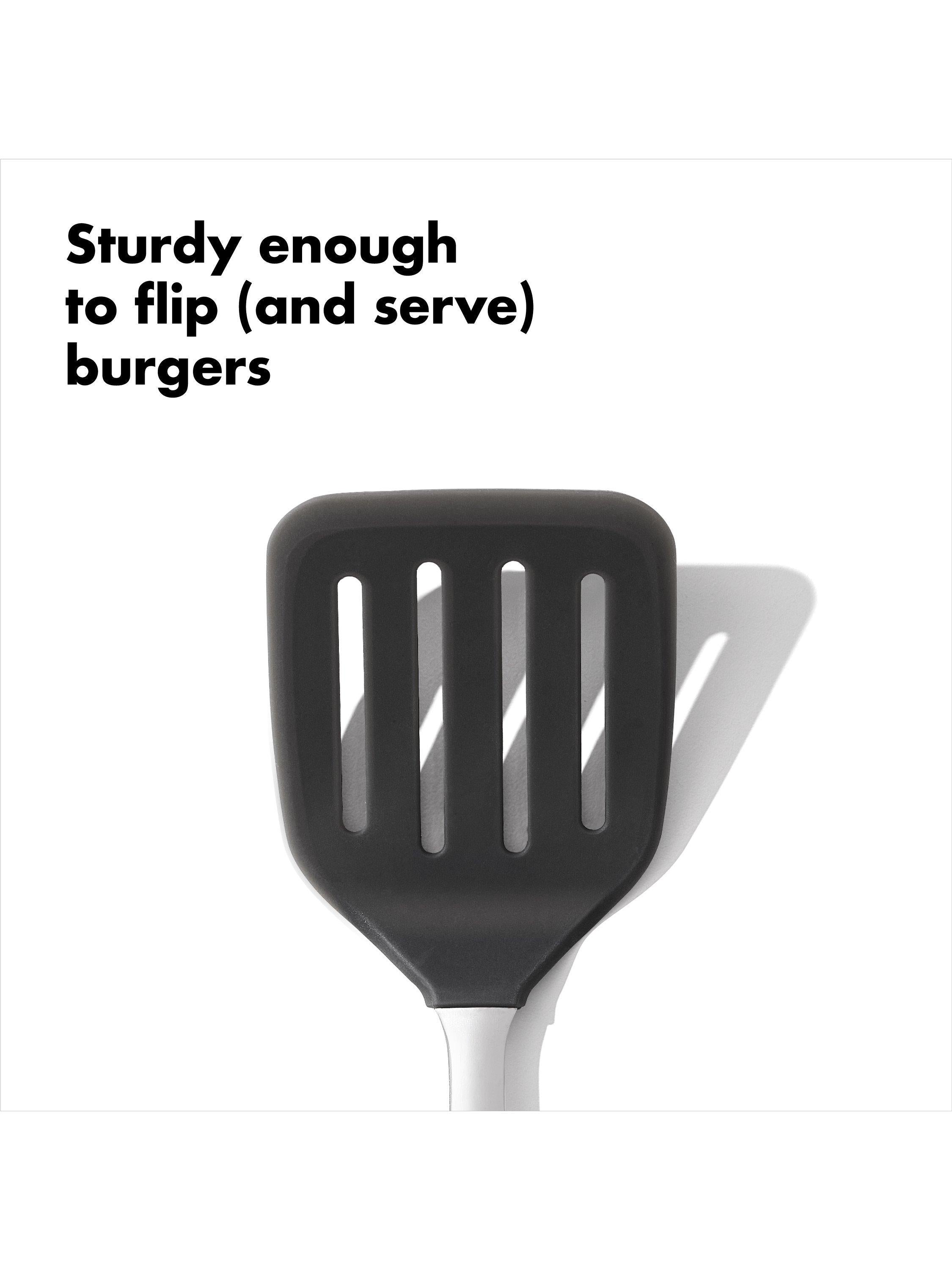 OXO stainless steel slotted turner with flexible silicone head, imported from the UK