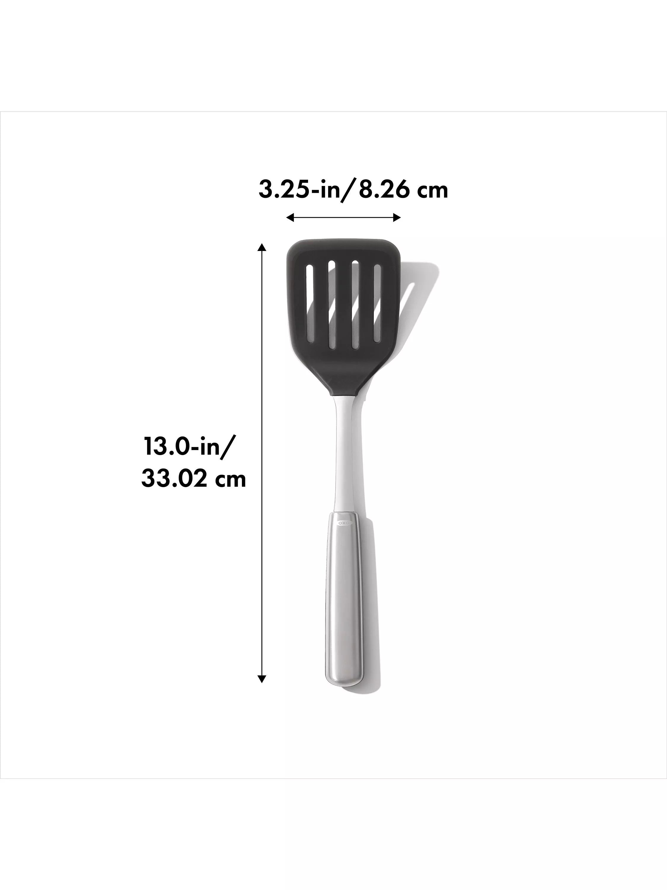 OXO stainless steel slotted turner with flexible silicone head, imported from the UK