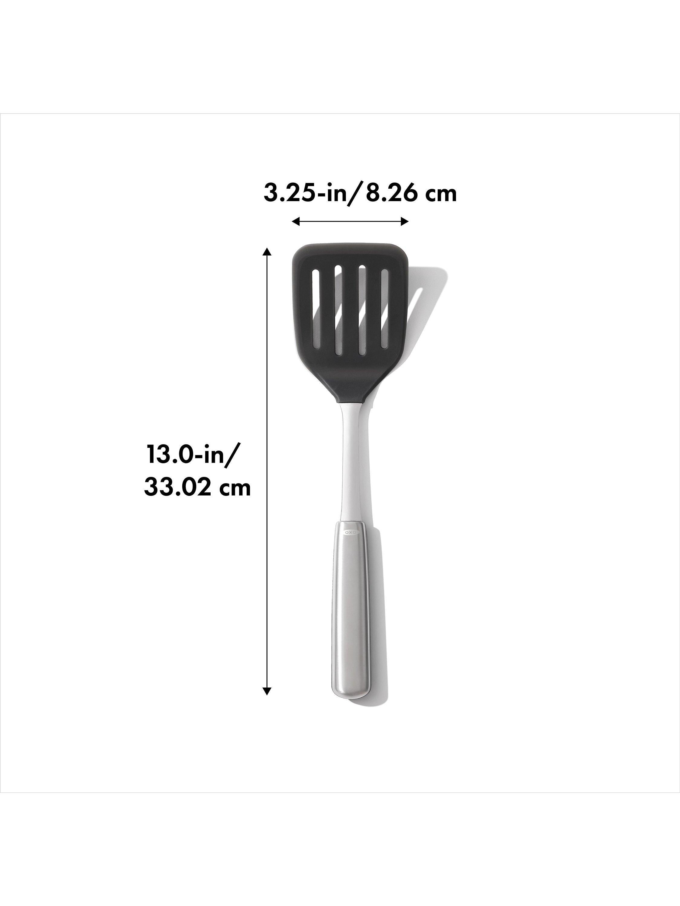 OXO stainless steel slotted turner with flexible silicone head, imported from the UK