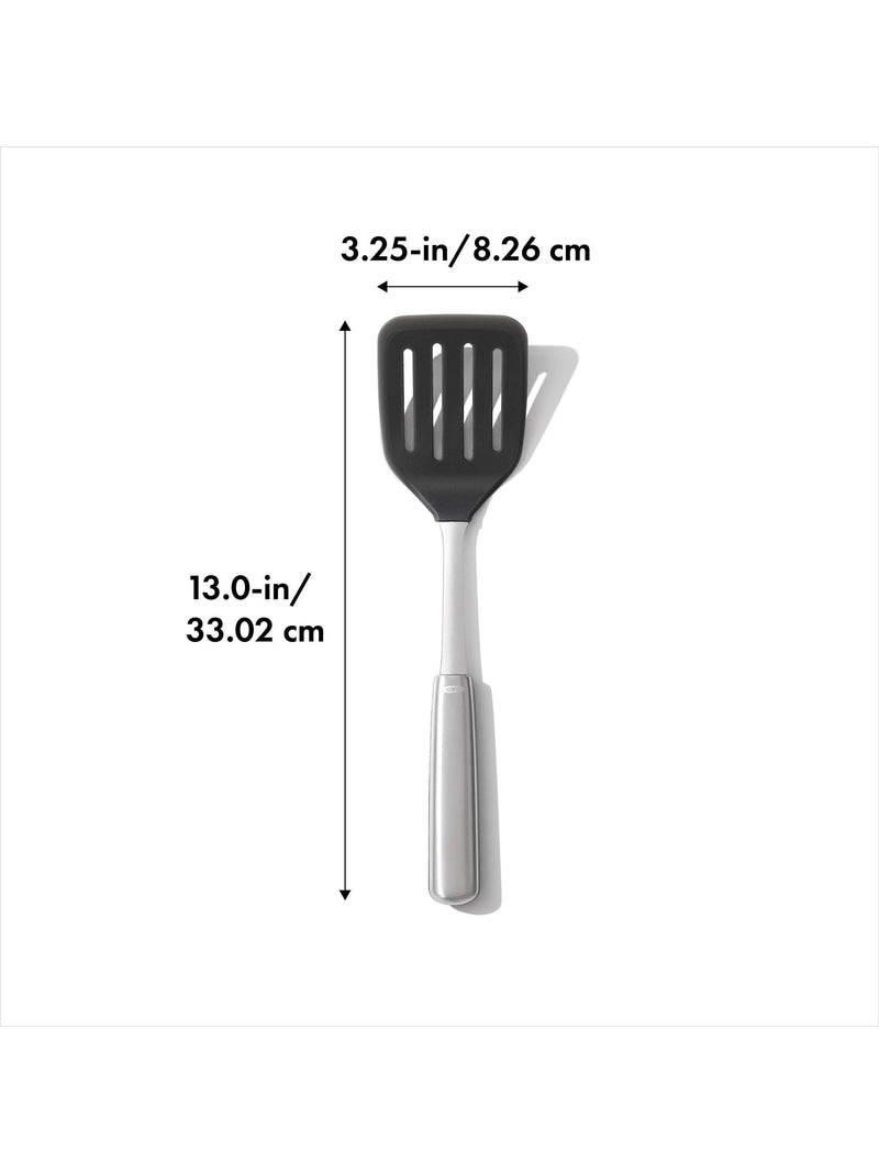 OXO stainless steel slotted turner with flexible silicone head, imported from the UK