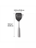 OXO stainless steel slotted turner with flexible silicone head, imported from the UK