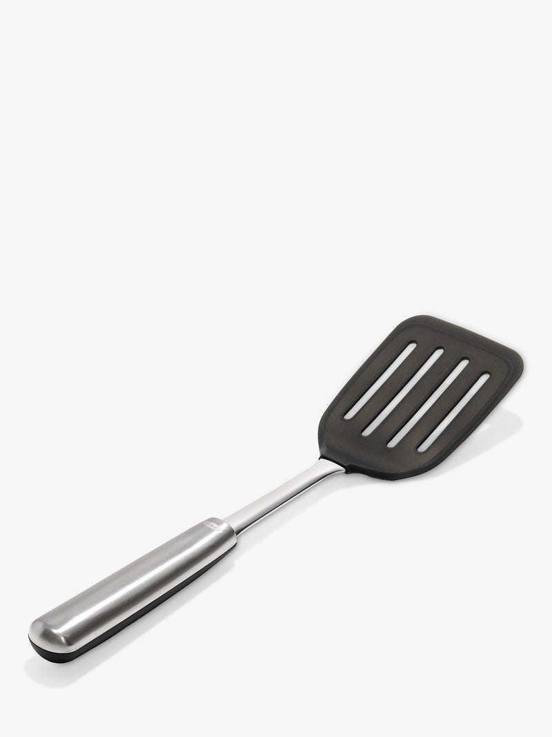 OXO stainless steel slotted turner with flexible silicone head, imported from the UK