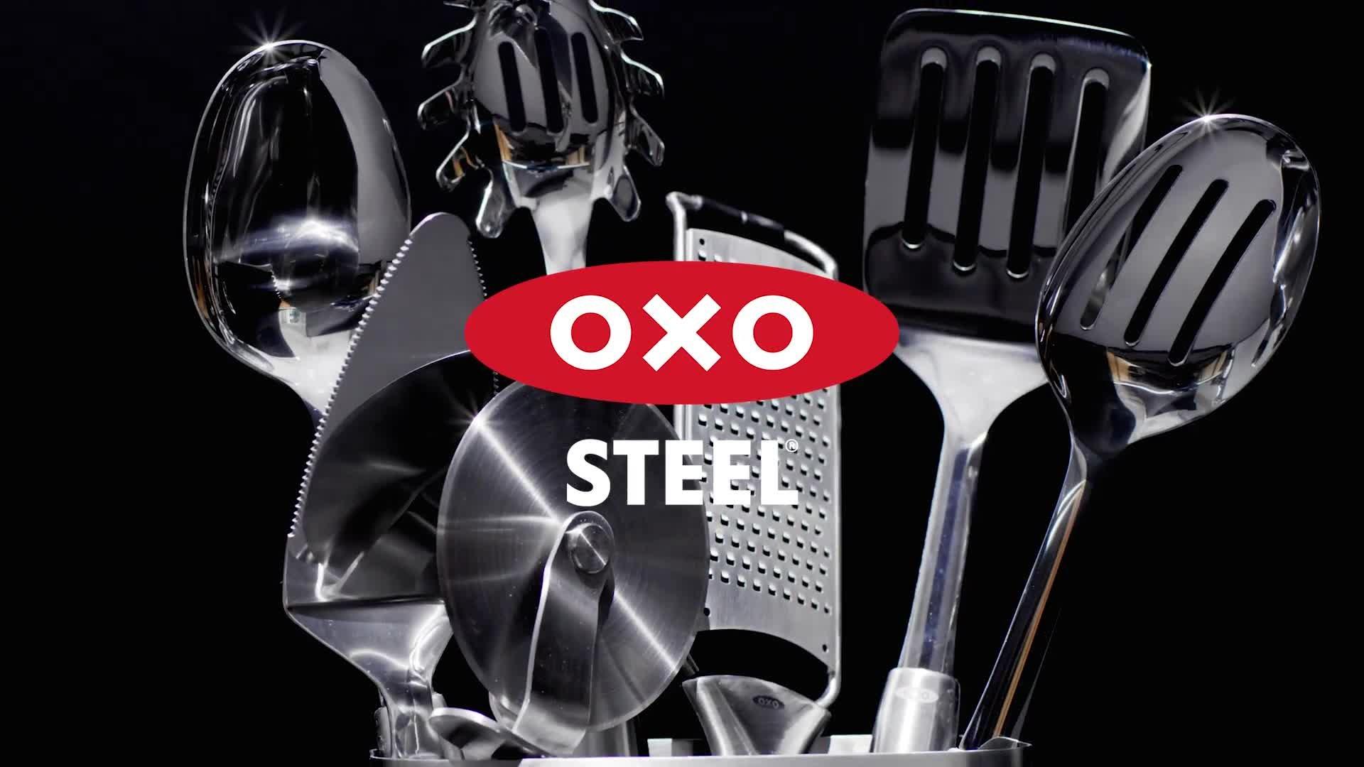 OXO stainless steel slotted turner with flexible silicone head, imported from the UK