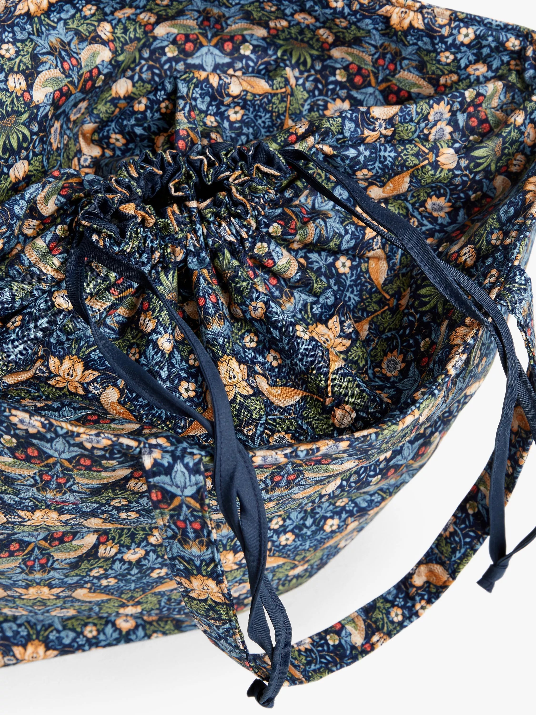 John Lewis William Morris Strawberry Thief drawstring craft bag navy, UK version