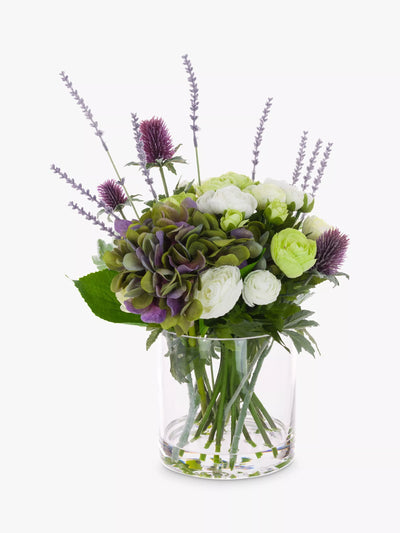 Kunstig Hortensia og Tistel Blomsterarrangement i Klar Glassvase, Lilla