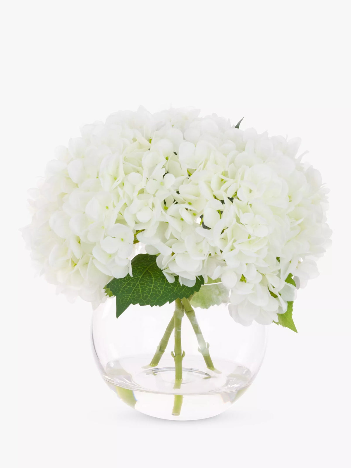 Floralsilk white artificial hydrangeas in globe vase - British product