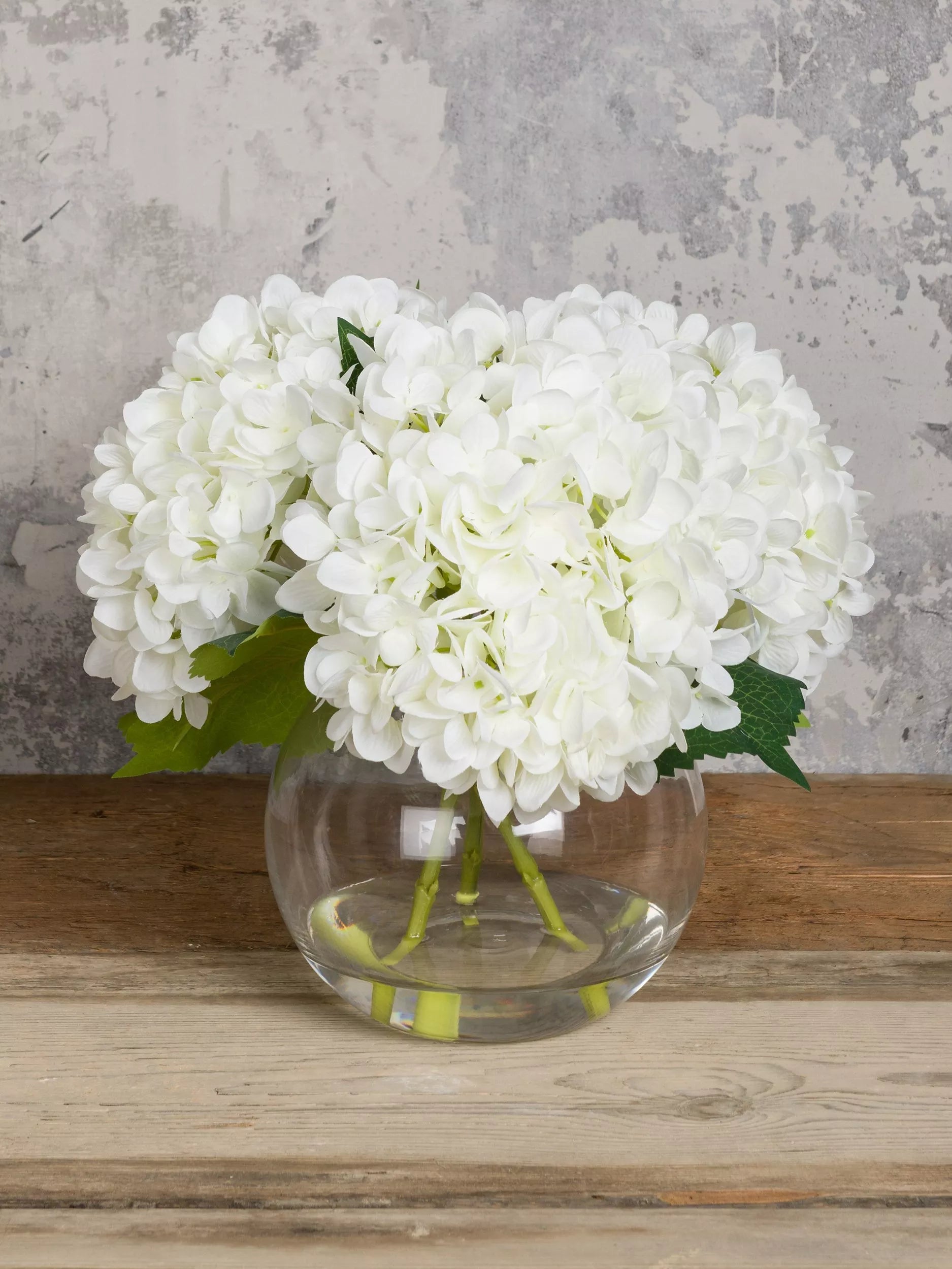 Floralsilk white artificial hydrangeas in globe vase - British product