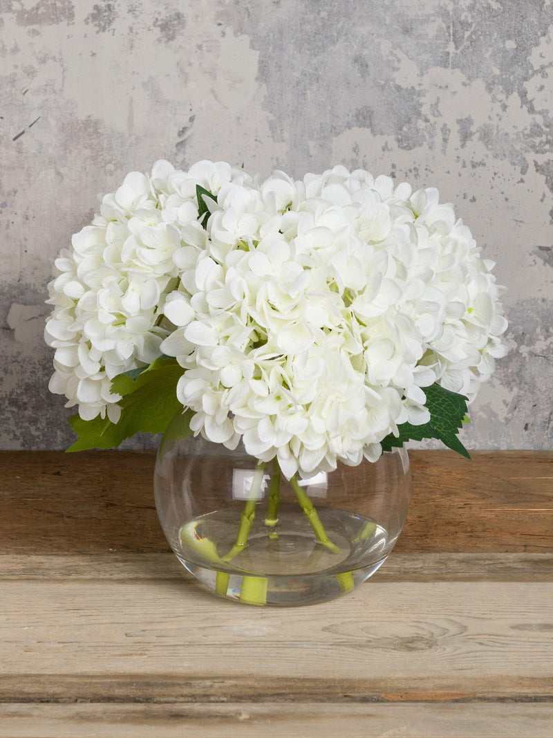 Floralsilk white artificial hydrangeas in globe vase - British product