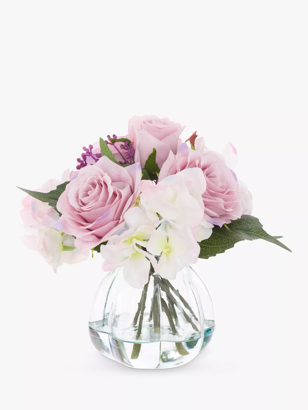 Artificial Rose and Hydrangea Floral Arrangement in Curve Vase