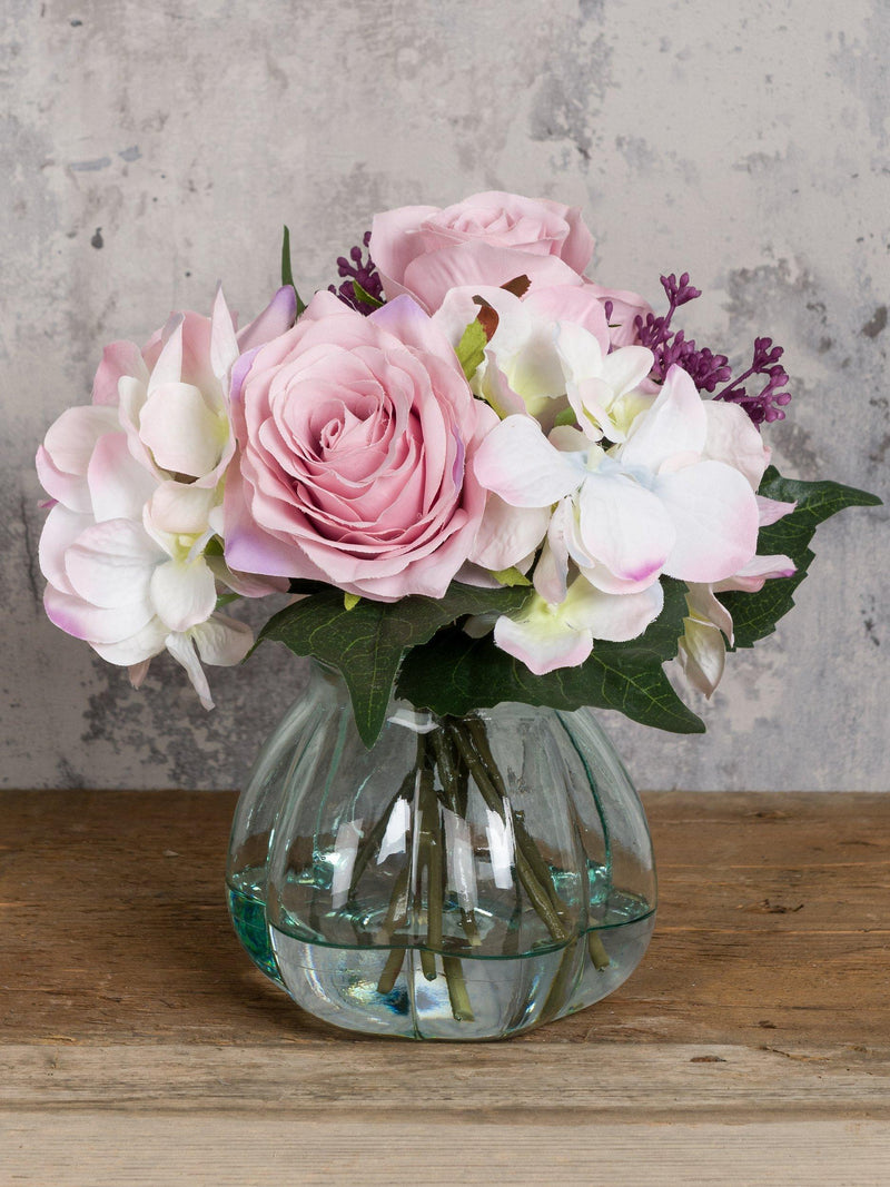 Floralsilk artificial rose and hydrangea floral arrangement in curve vase - British product