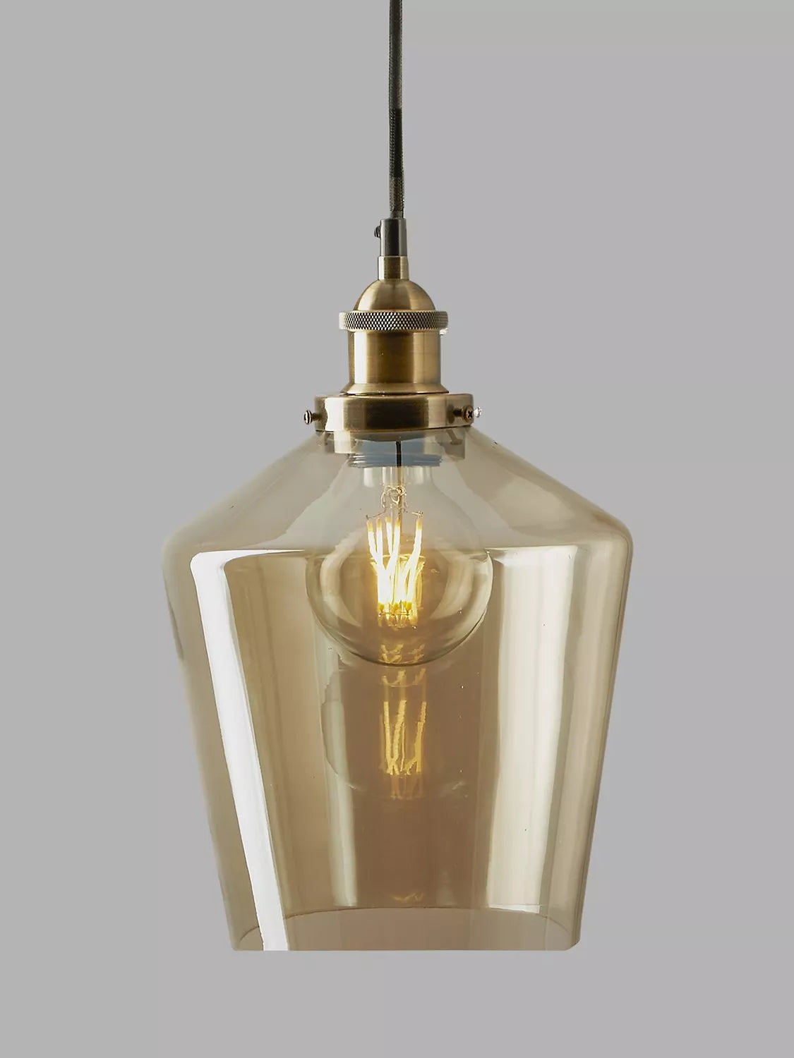 Smoked Glass Pendant Ceiling Light with Antique Brass Hardware