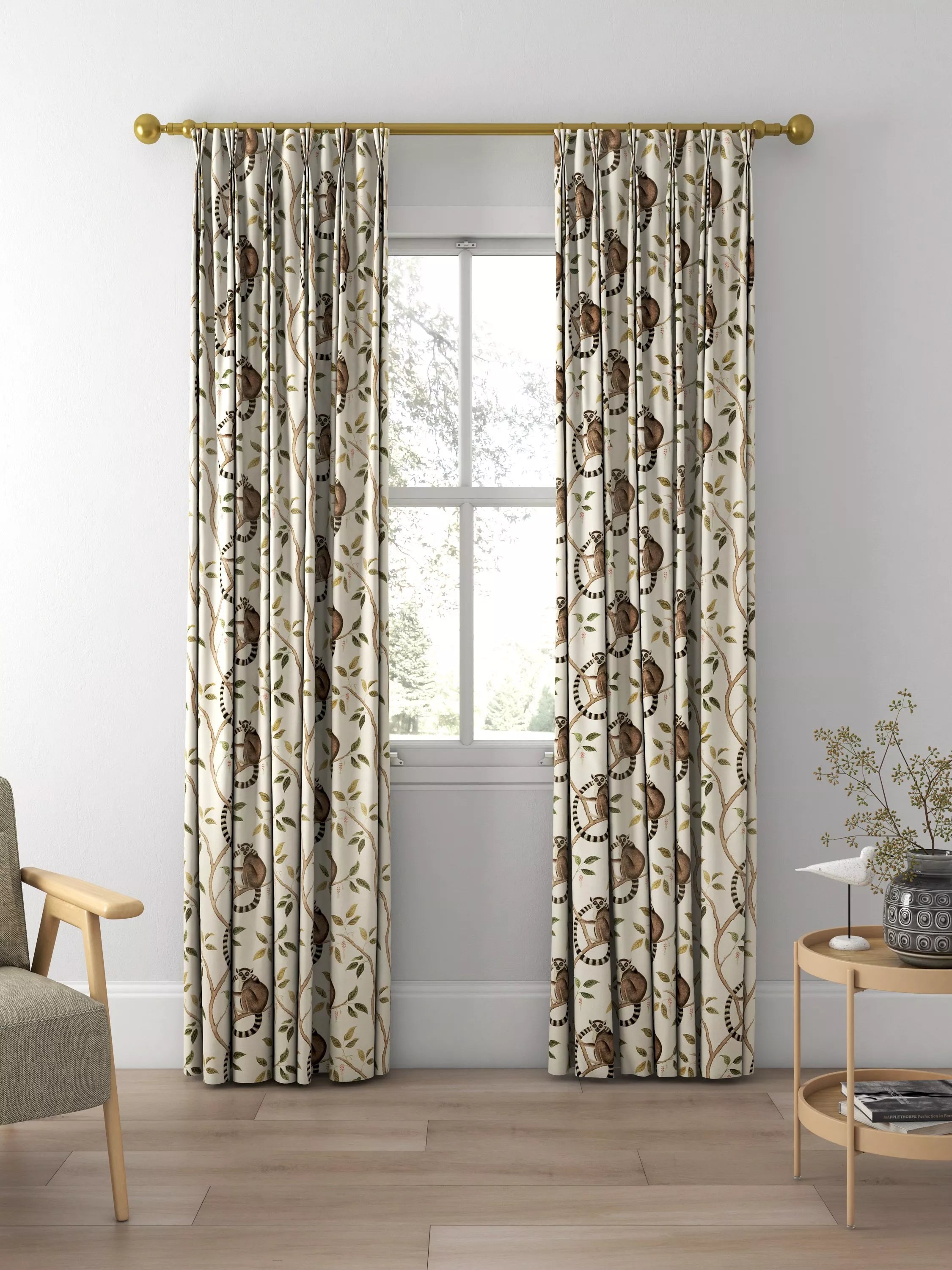 Sanderson ringtailed lemur olive fabric pattern (British brand)