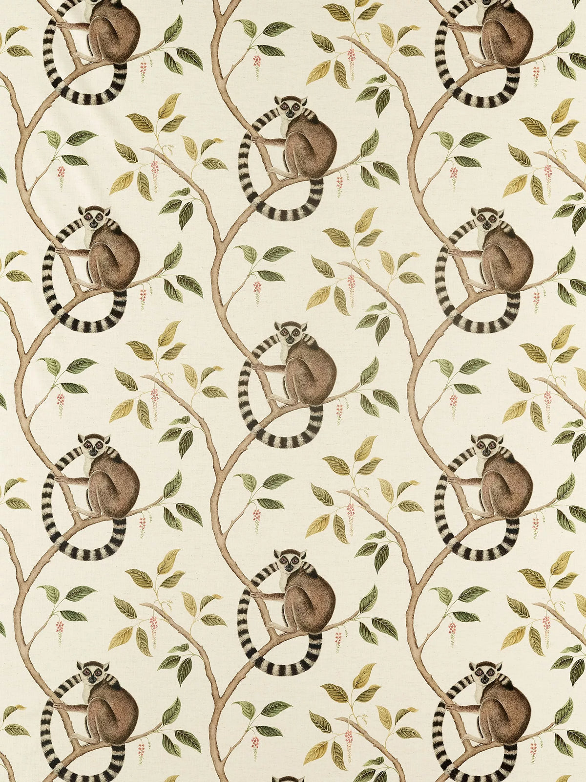 Sanderson ringtailed lemur olive fabric pattern (British brand)