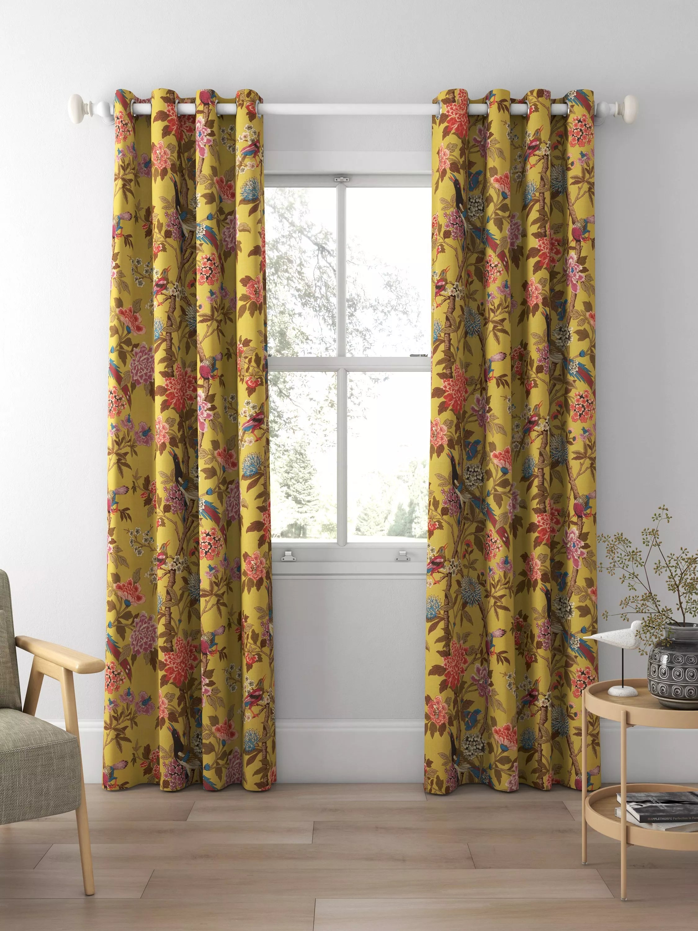 GP & J Baker Hydrangea Bird curtains ochre (British brand)