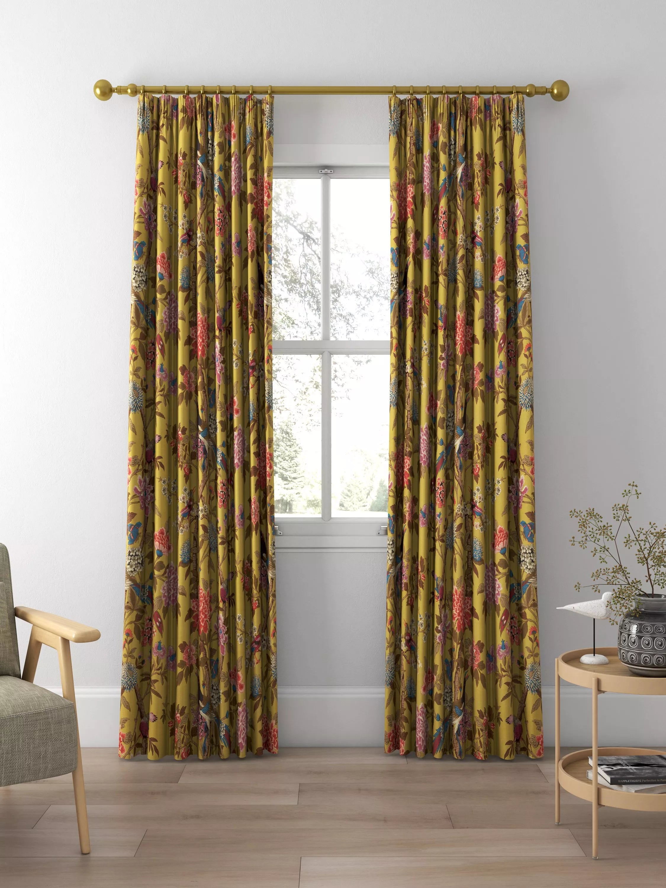 GP & J Baker Hydrangea Bird curtains ochre (British brand)