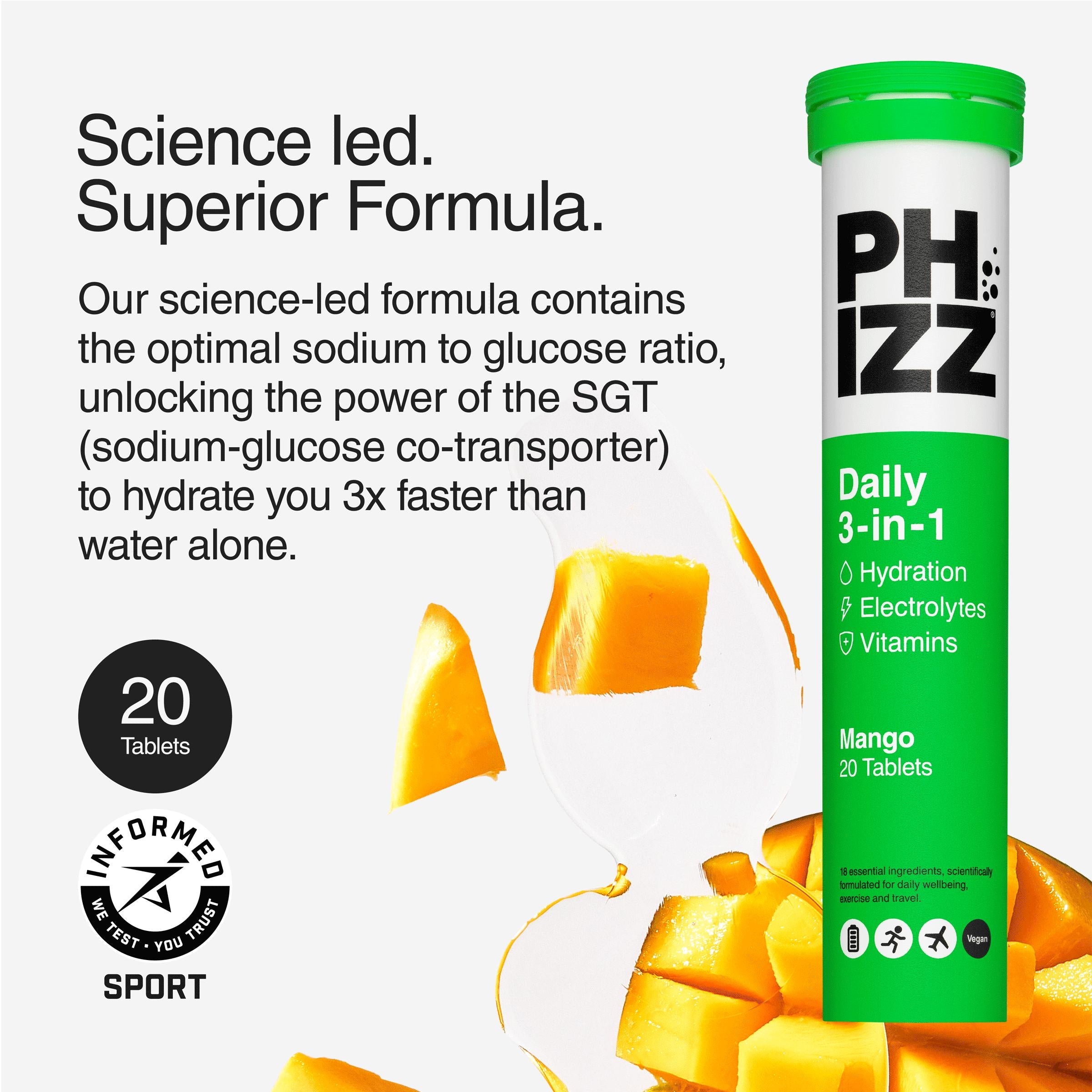 Phizz hydration tablets mango flavour 20 tablets (British brand)