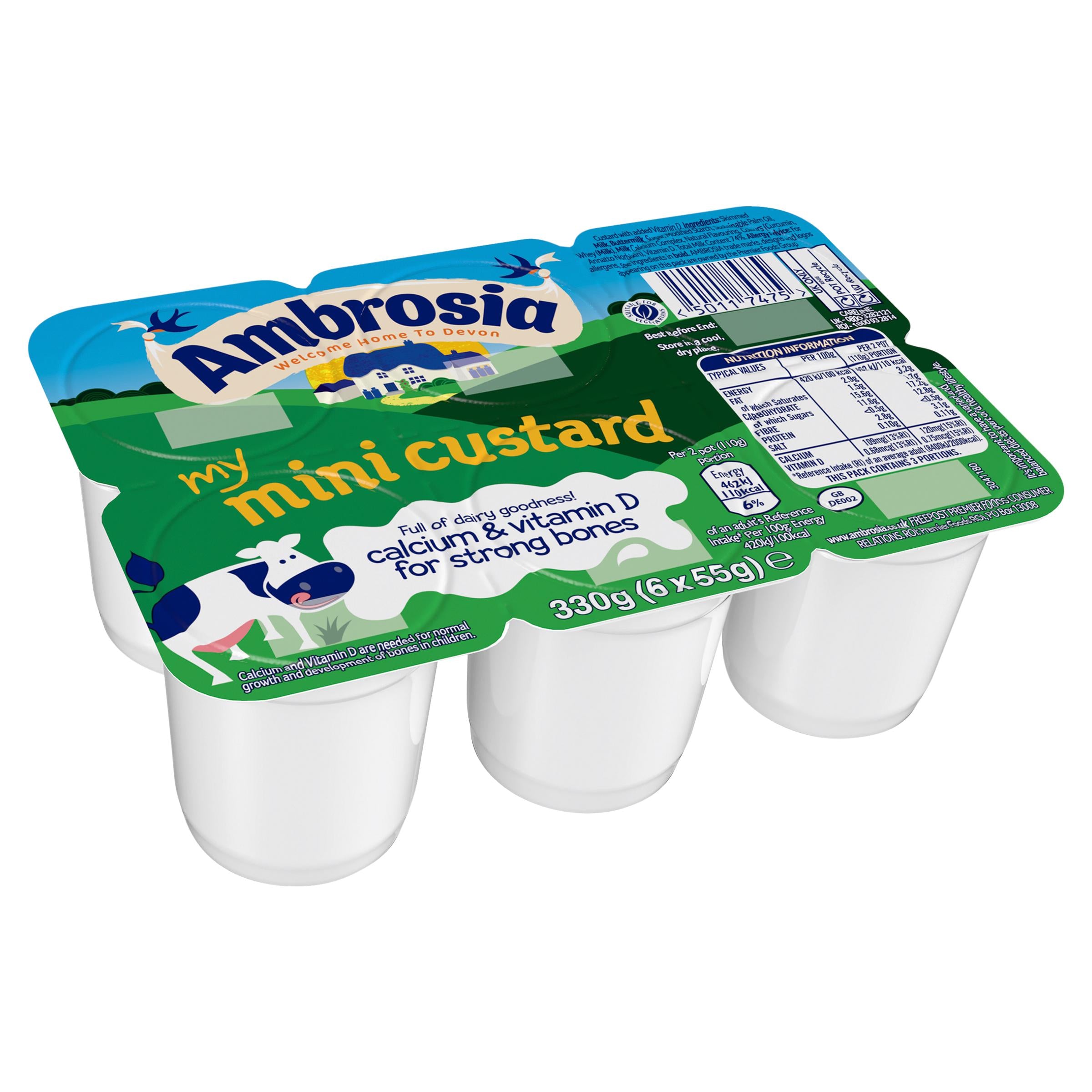 Ambrosia mini custard pots 6x55g lunchbox snack, imported from the UK