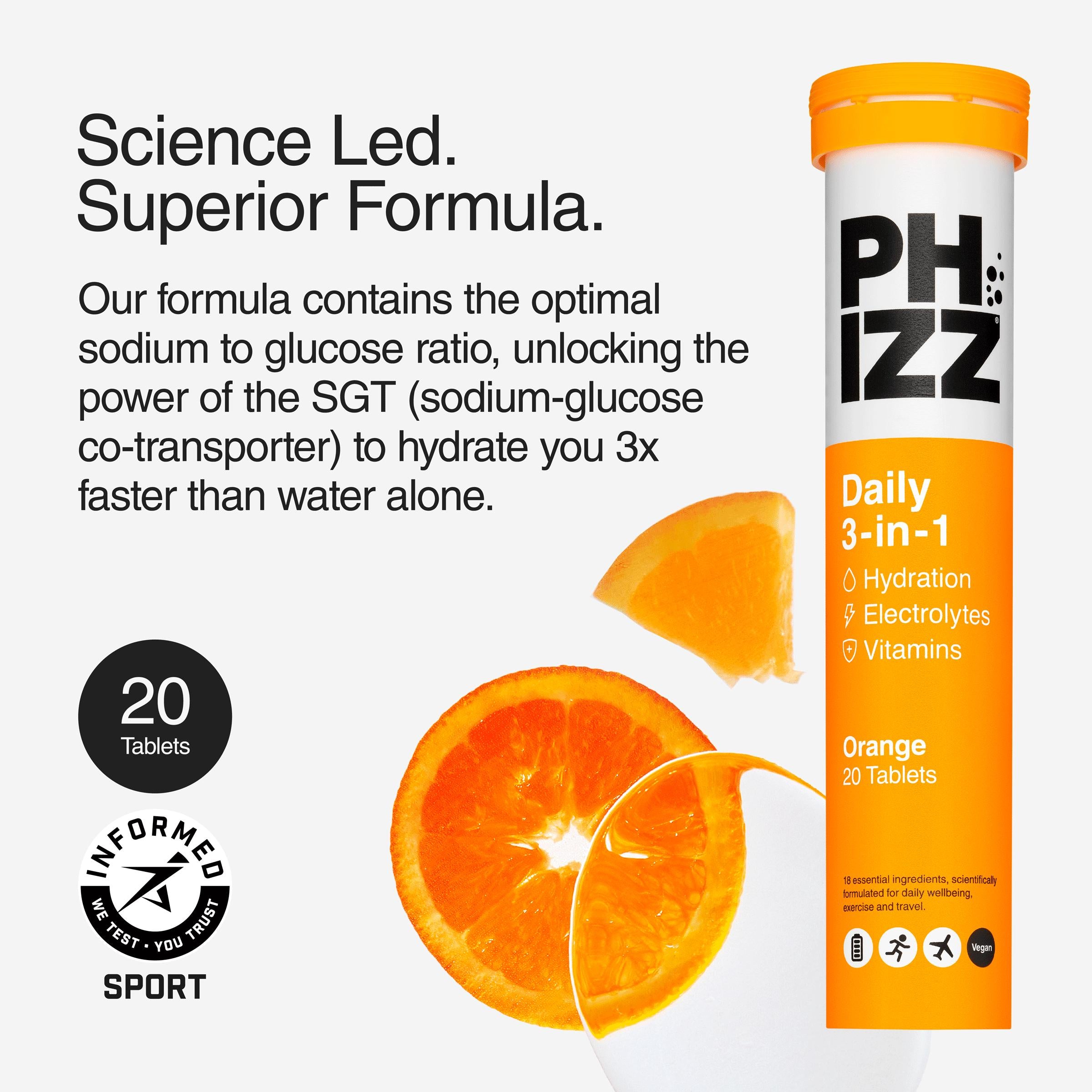 Phizz hydration effervescent tablets orange 20 count, UK version
