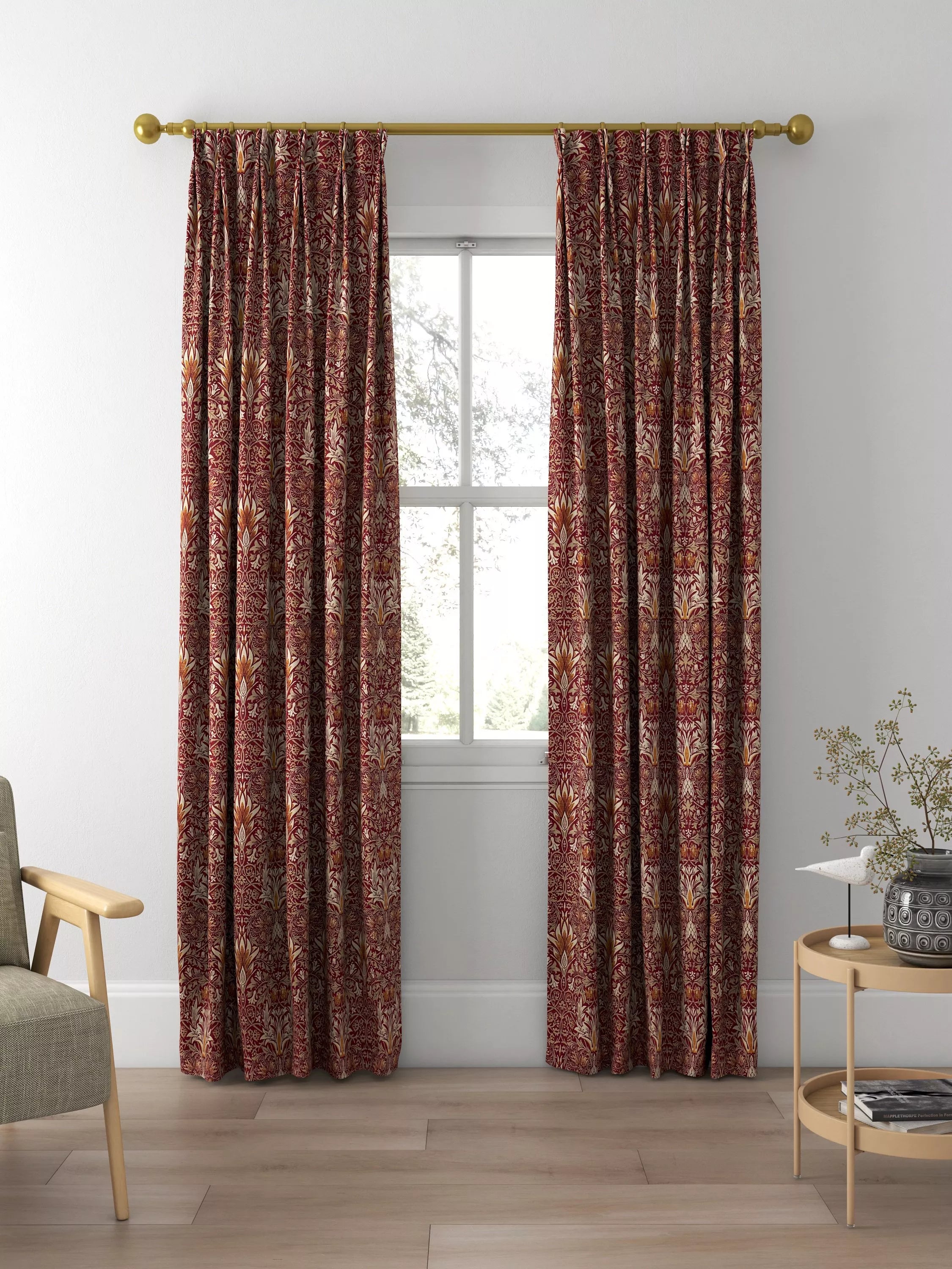 Morris & Co. Snakeshead curtains or roman blind claret/gold made to measure, imported from the UK