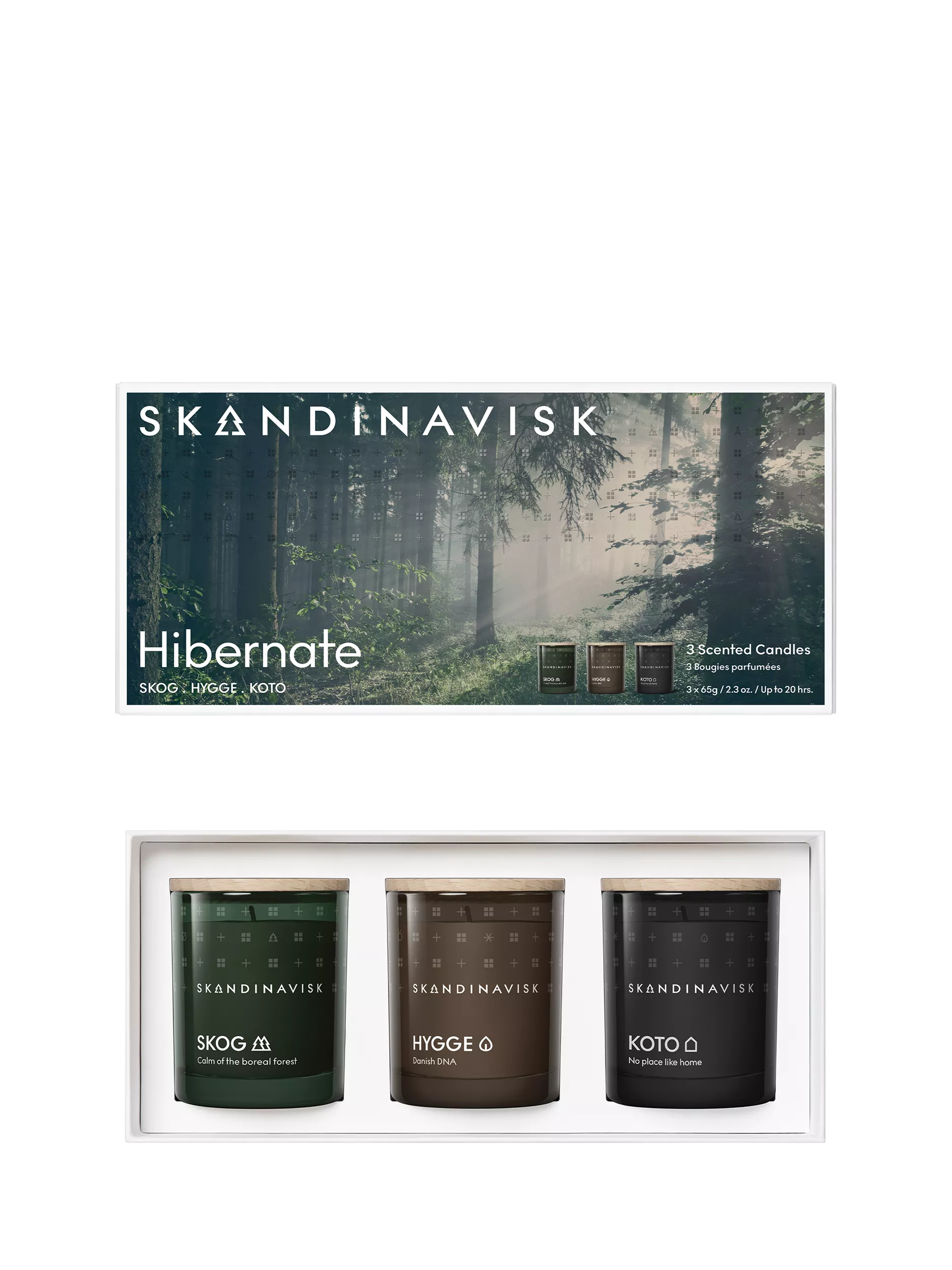 SKANDINAVISK Hibernate gift set with three mini scented candles and beechwood lids, 3 x 65g (British brand)