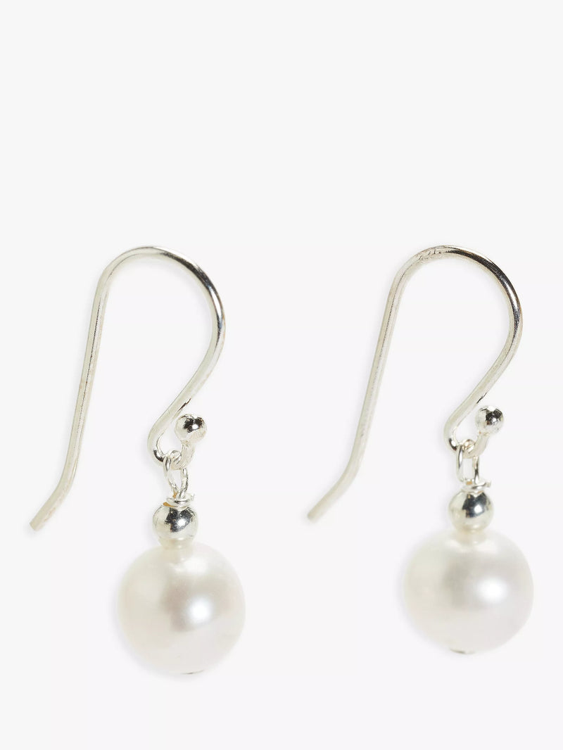 Lido freshwater pearl drop earrings in rhodium plated sterling silver, UK version