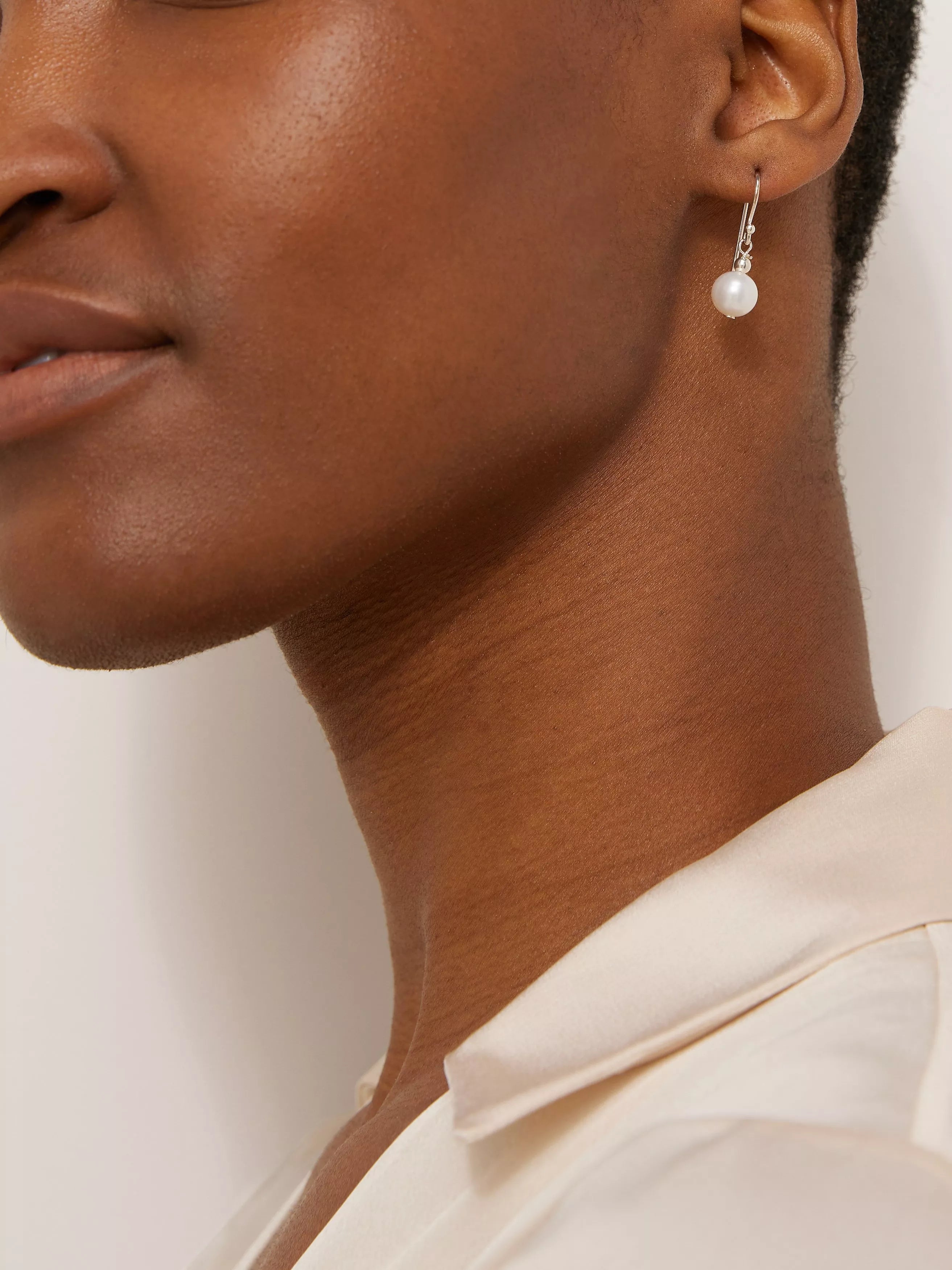 Lido freshwater pearl drop earrings in rhodium plated sterling silver, UK version