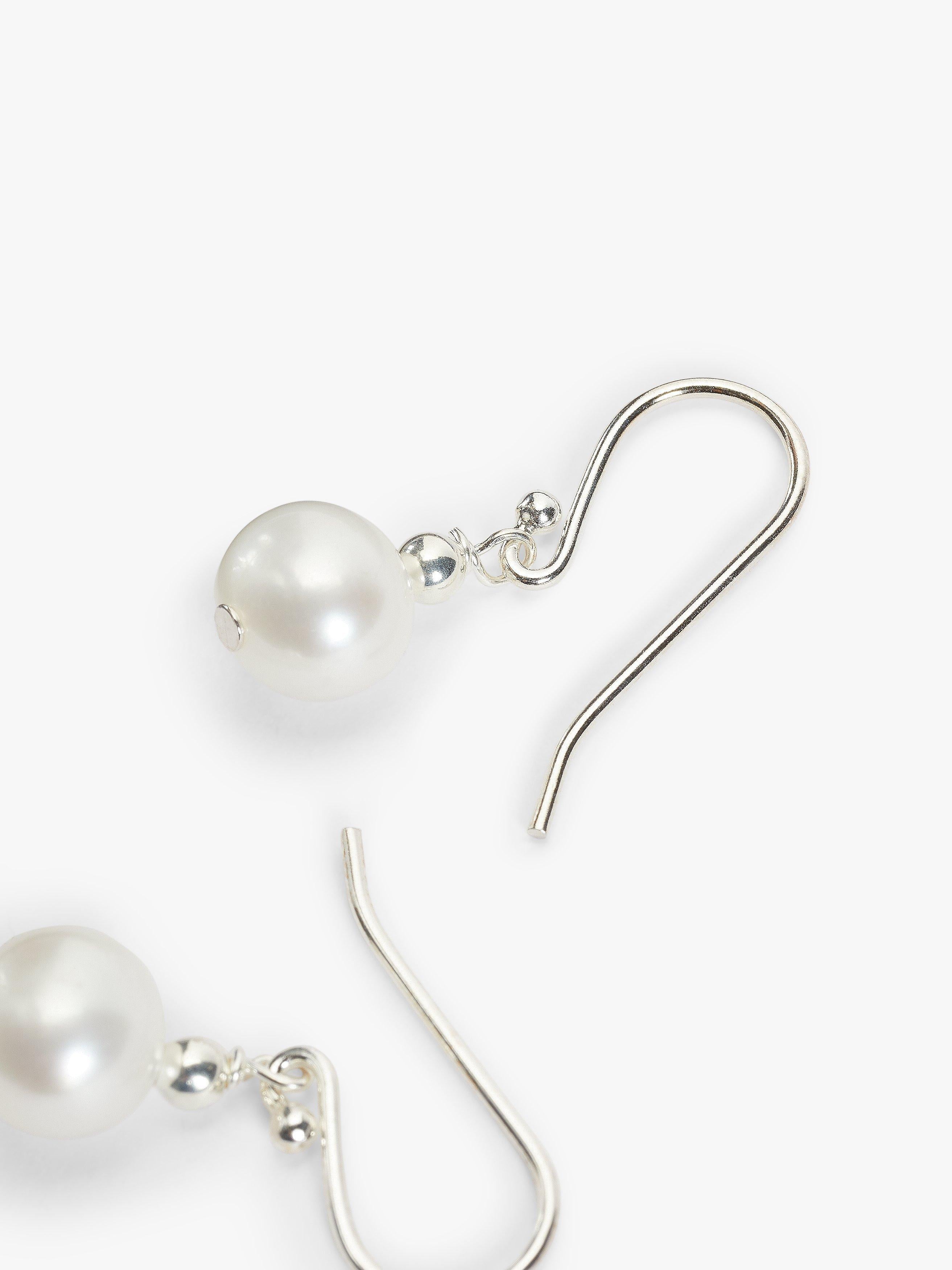 Lido freshwater pearl drop earrings in rhodium plated sterling silver, UK version