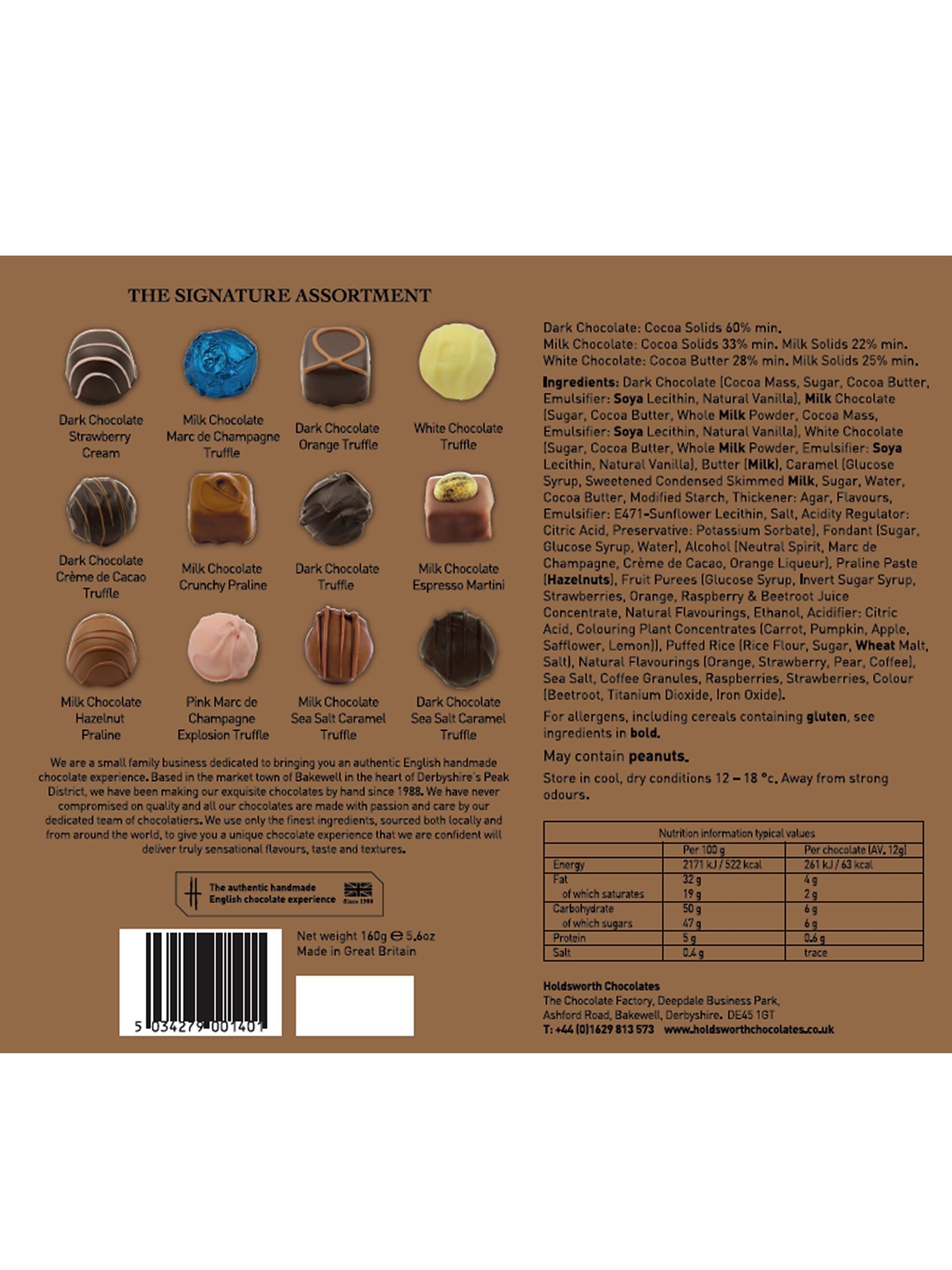 Holdsworth signature assortment of handmade chocolates in milk, dark, and white, 160g, UK version
