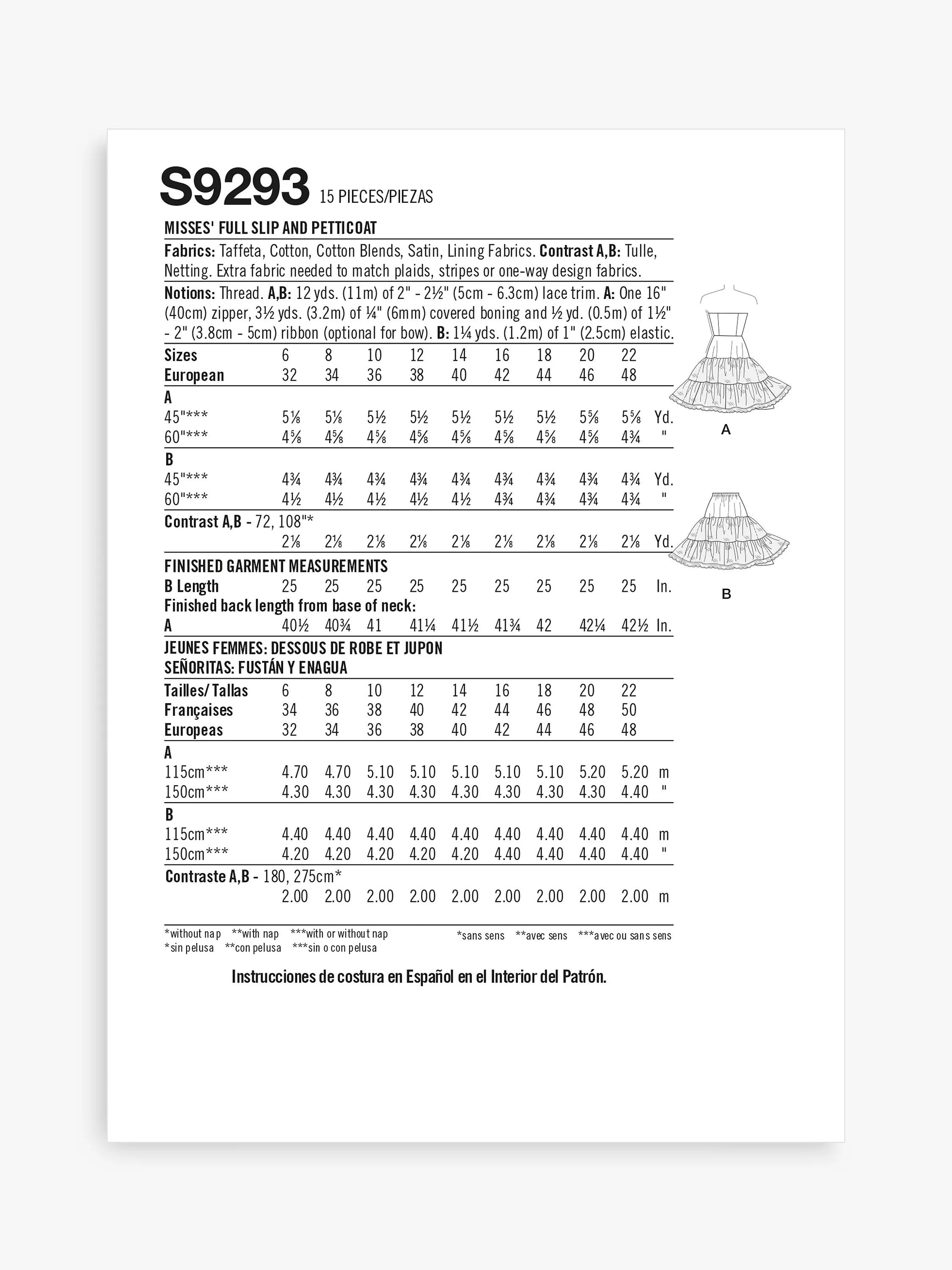Simplicity S9293 full slip and petticoat pattern, imported from the UK