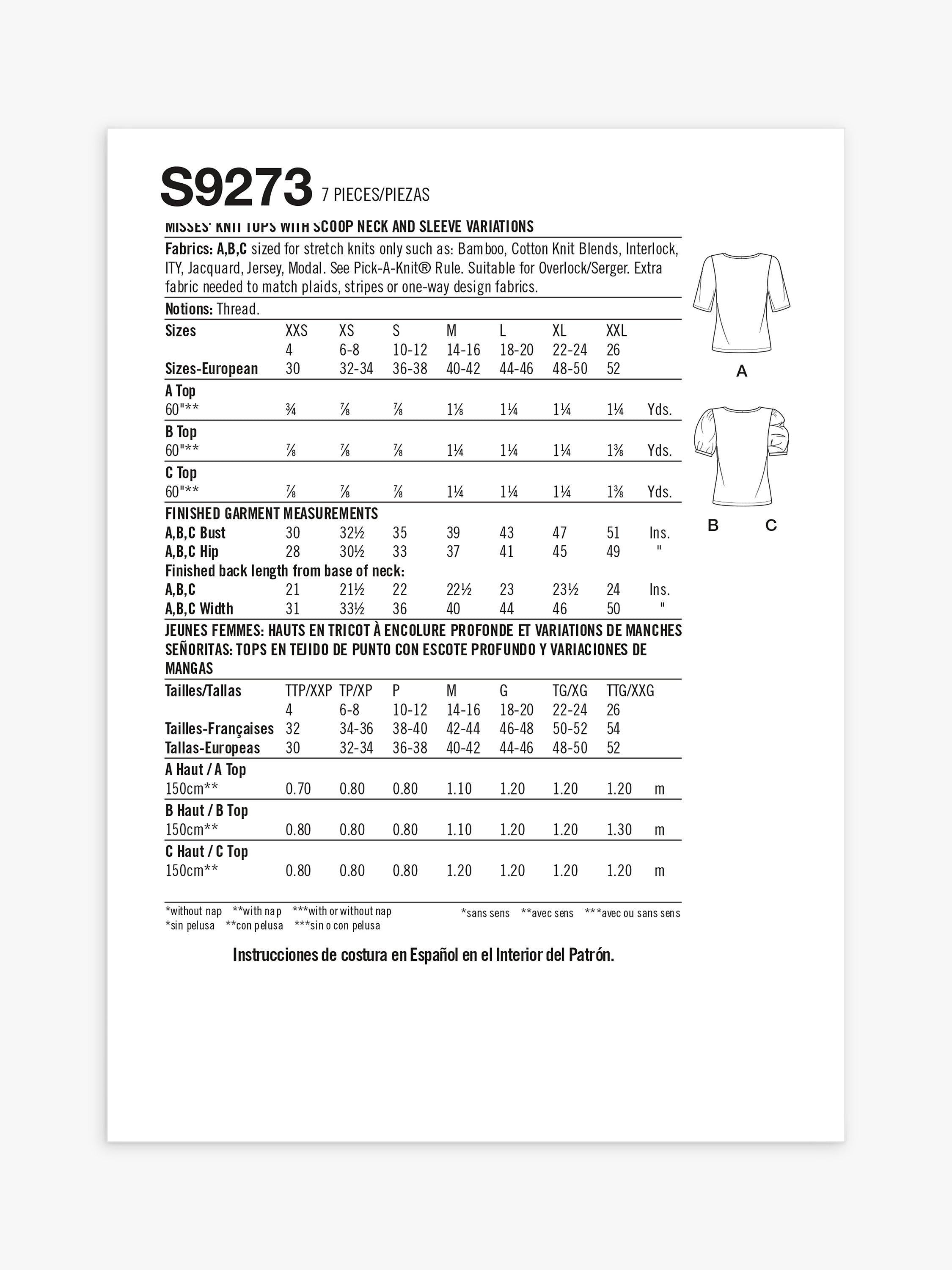 Simplicity sewing pattern scoop neck knit top, imported from the UK