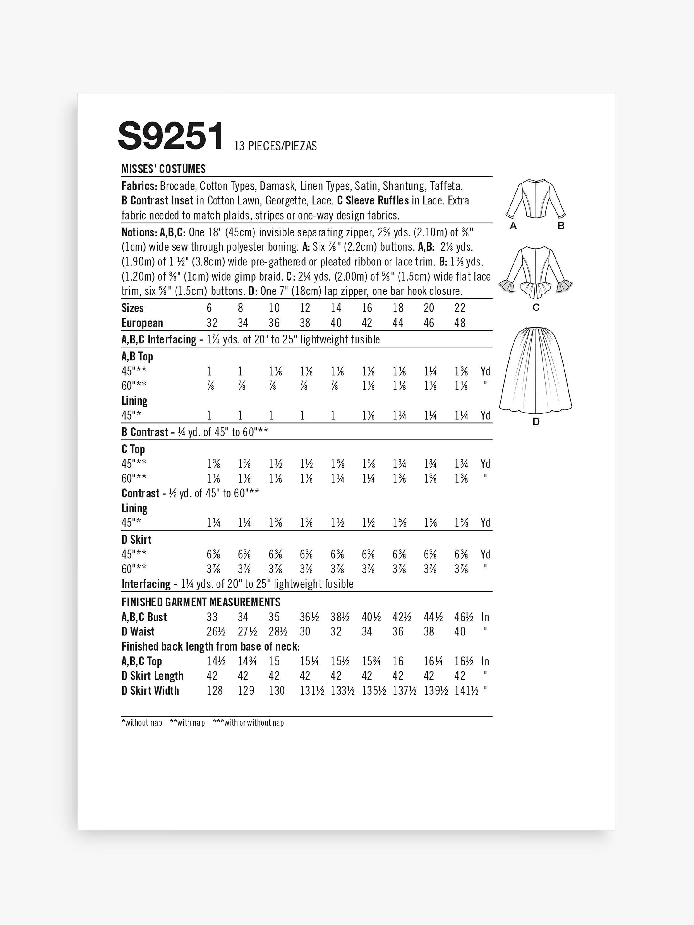 Simplicity 18th century dress sewing pattern S9251 (British brand)