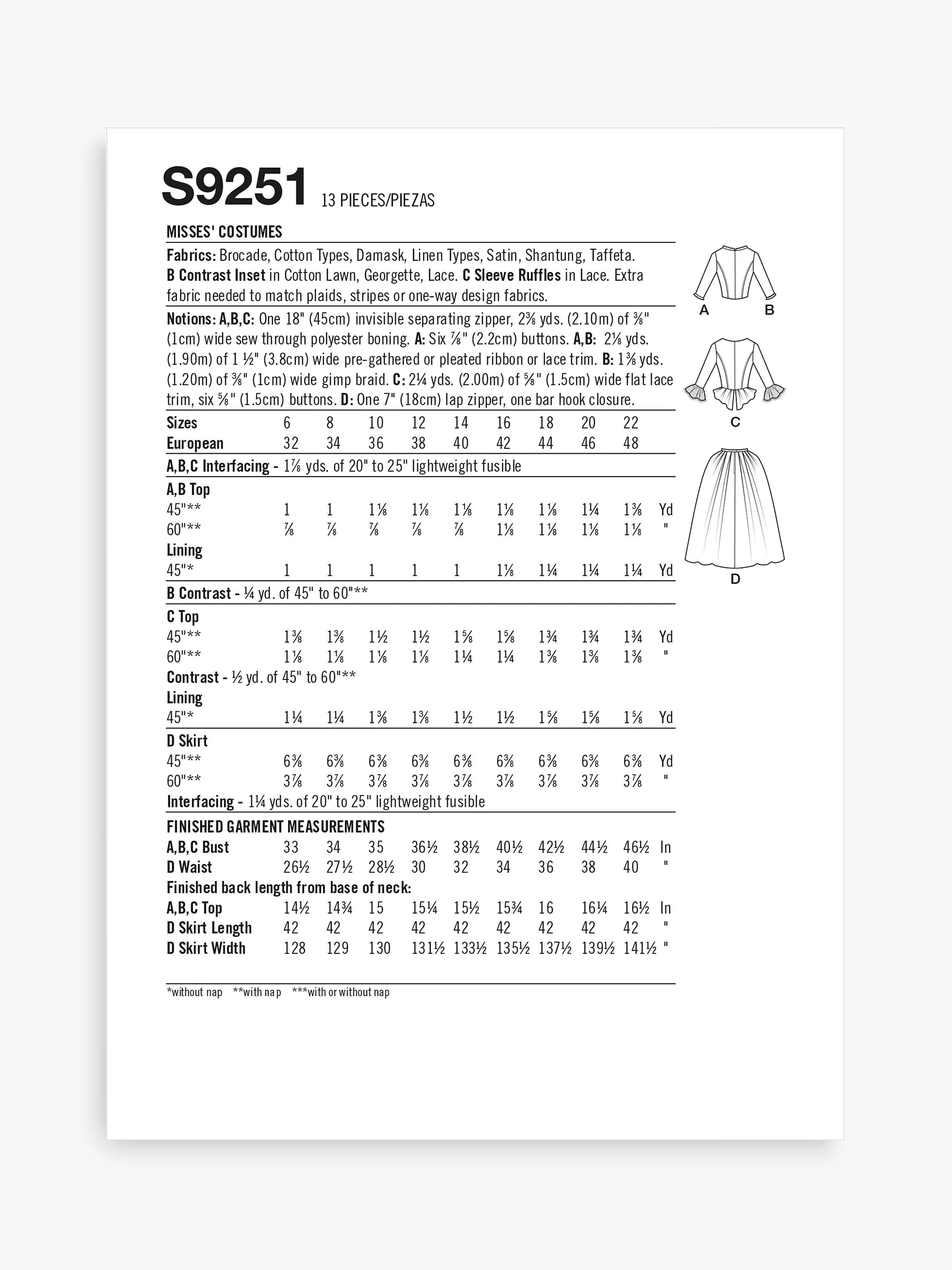 Simplicity 18th century dress sewing pattern S9251 (British brand)