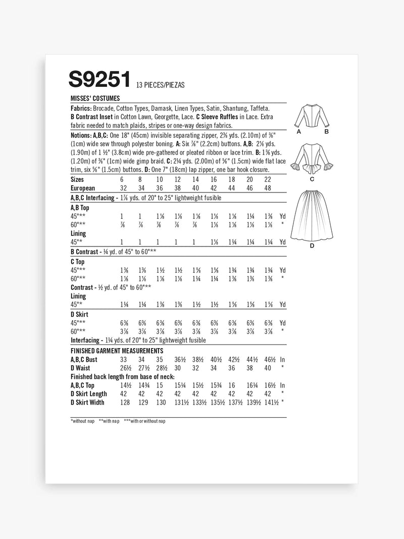 Simplicity 18th century dress sewing pattern S9251 (British brand)