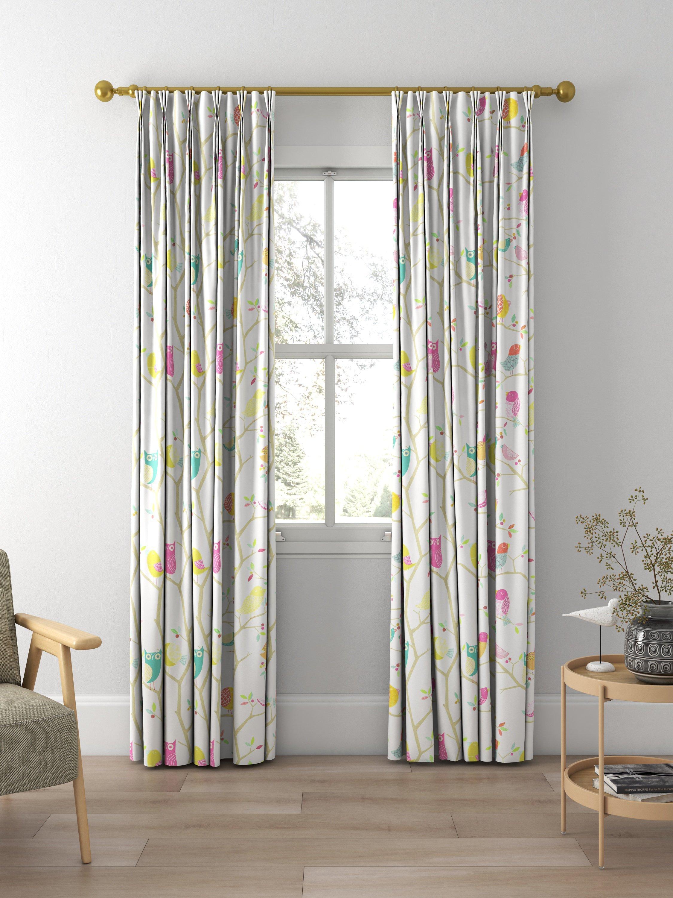 Harlequin What A Hoot curtains and roman blinds in pink aquamarine lime, imported from the UK