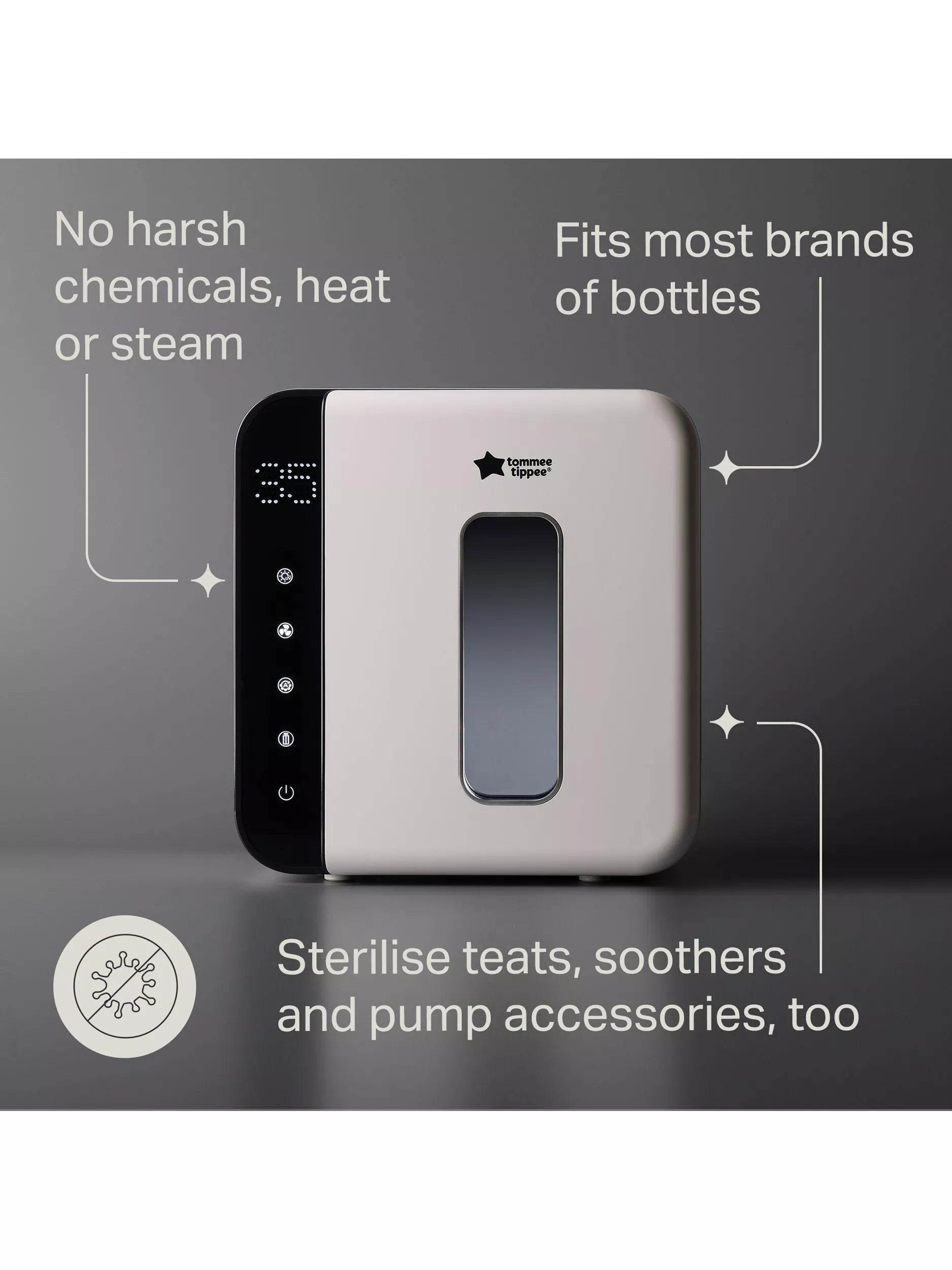 Tommee Tippee electric UV steriliser and dryer for baby bottles with adjustable shelves (British brand)