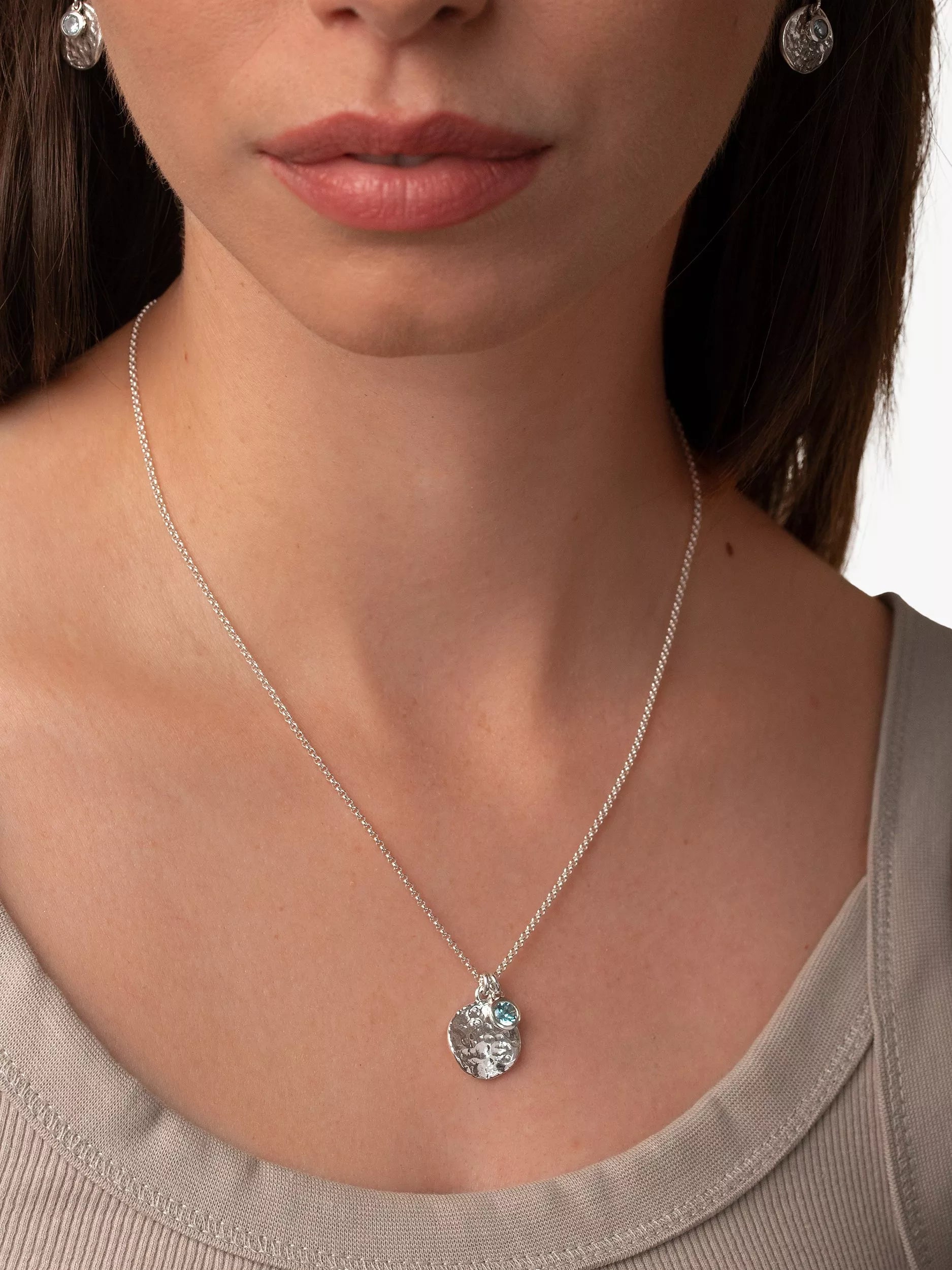 Dower & Hall aquamarine disc pendant necklace, silver, UK version