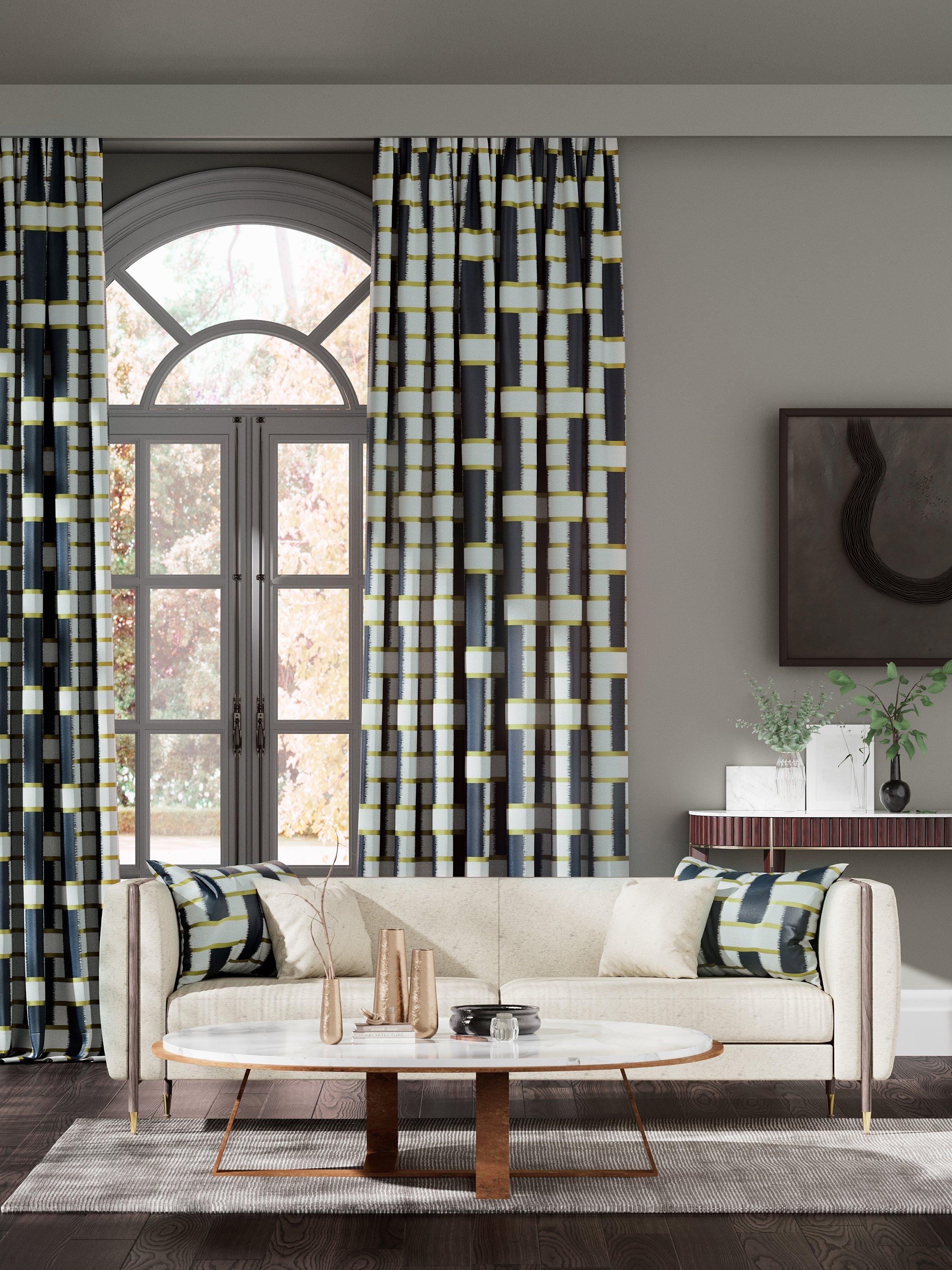 Harlequin Saki furnishing fabric geometric ikat design, imported from the UK