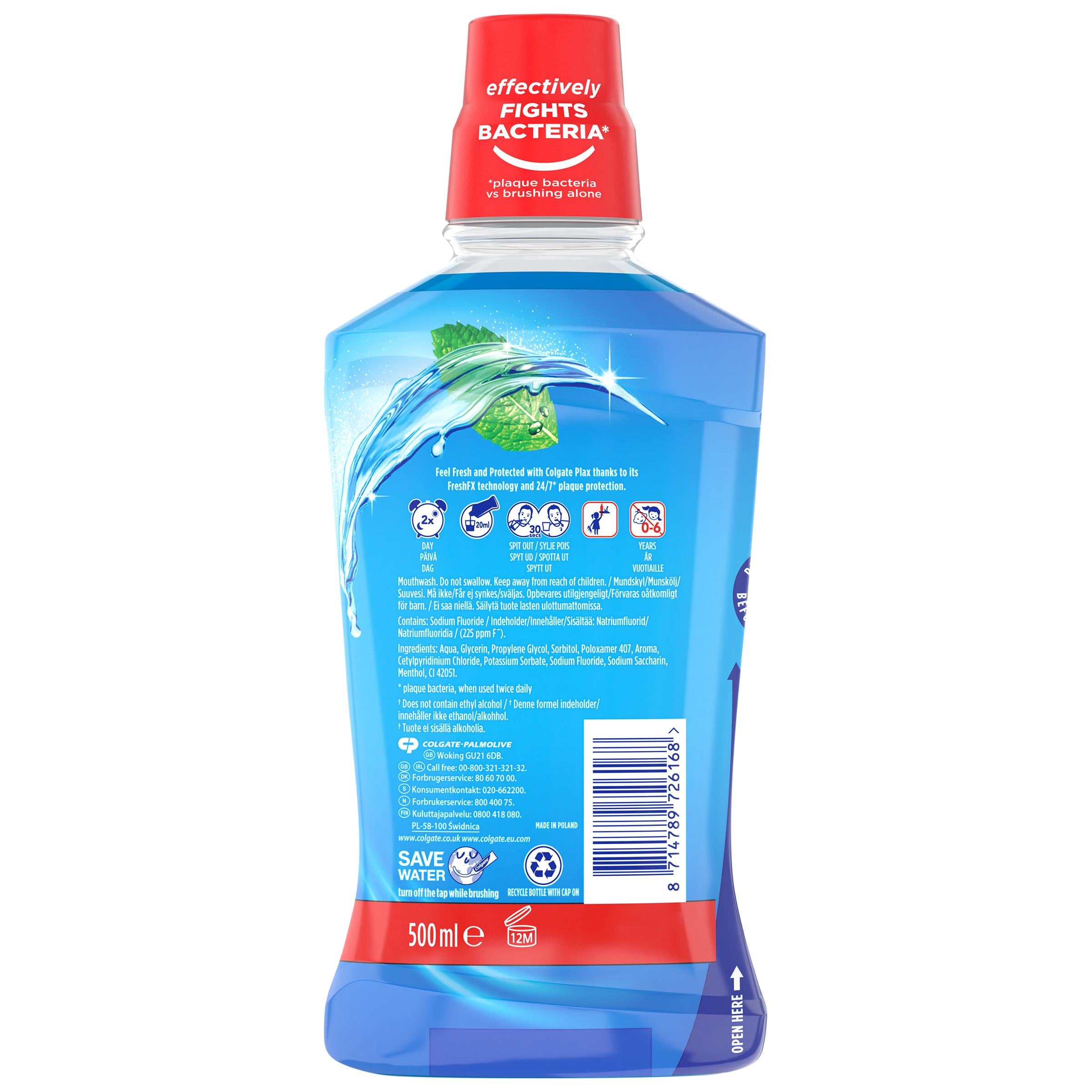 Colgate Plax mouthwash cool mint alcohol free 500ml (British brand)