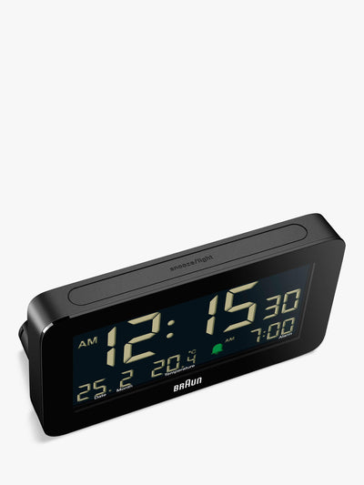 Digital vekkerklokke med LCD-skjerm, bakgrunnslys og temperatursensor, svart