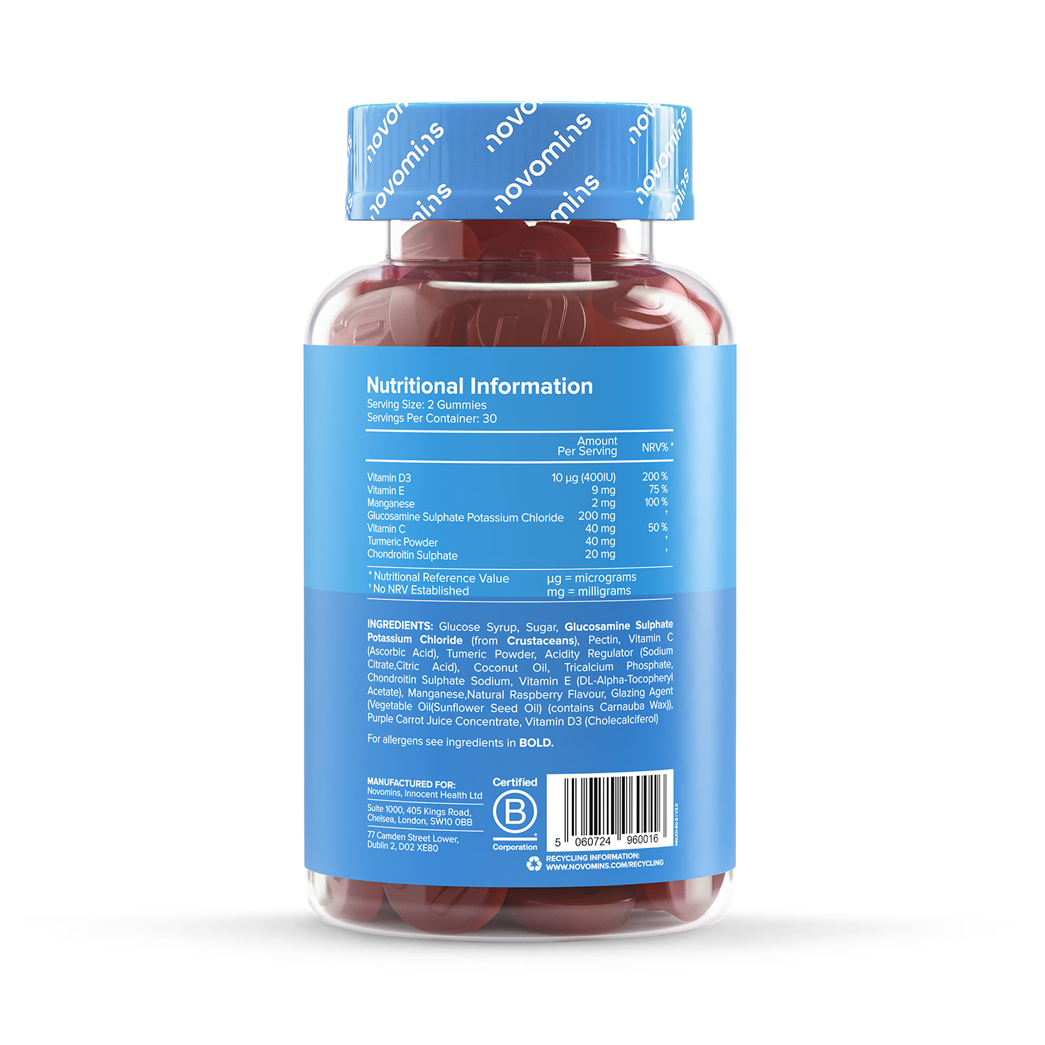 Novomins Joint Raspberry Flavoured Gummies 60 Gummies, imported from the UK