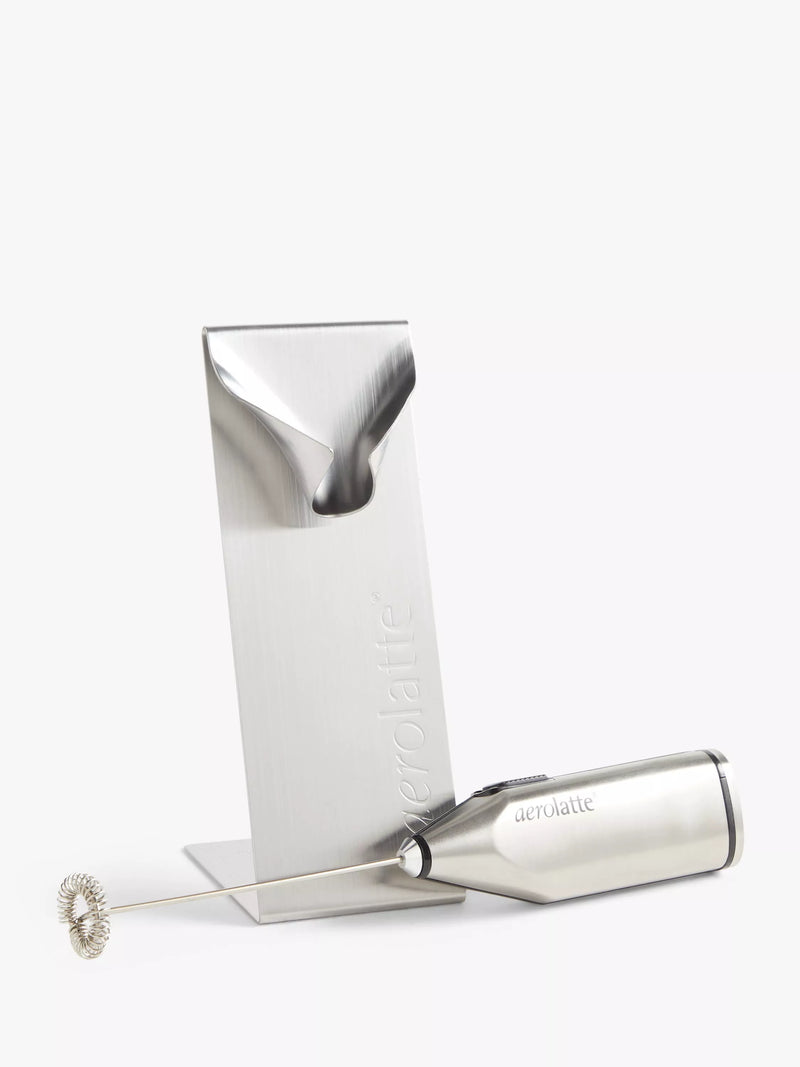 aerolatte handheld battery-operated stainless steel milk frother with kitchen stand - British product