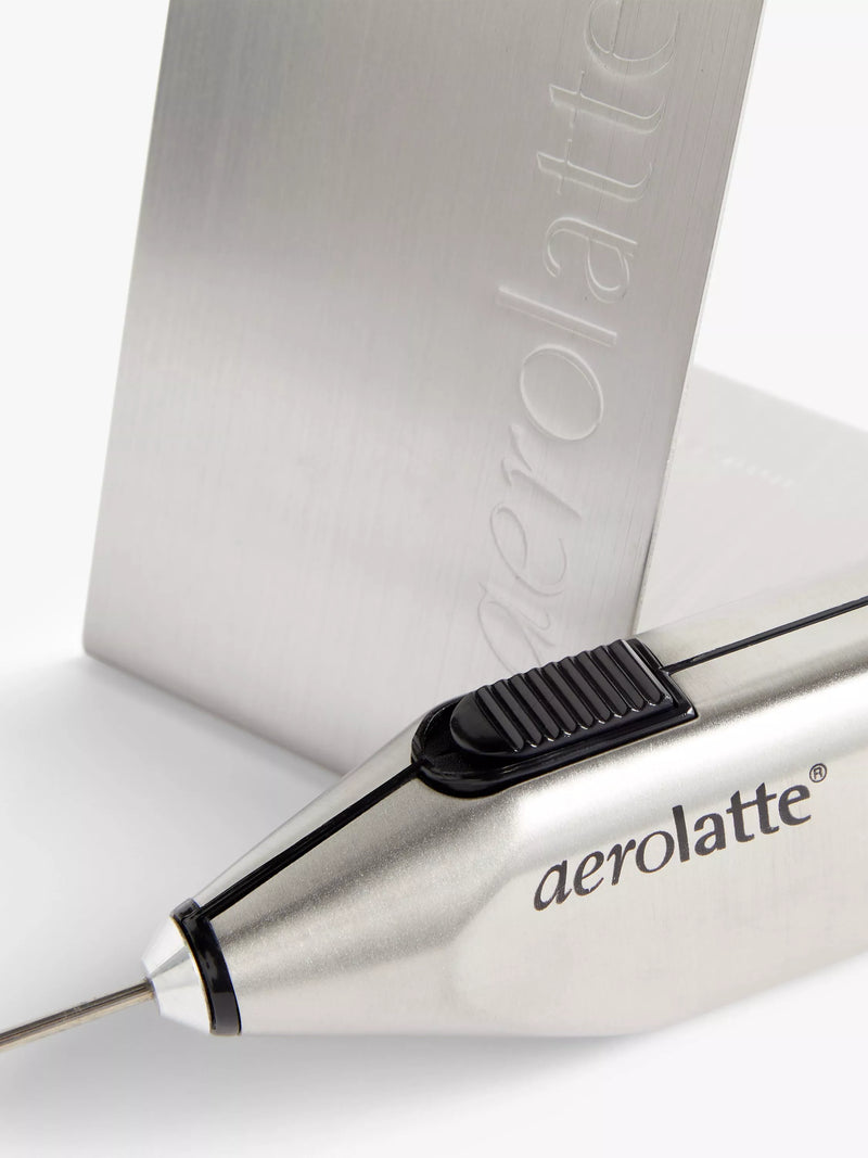 aerolatte handheld battery-operated stainless steel milk frother with kitchen stand - British product